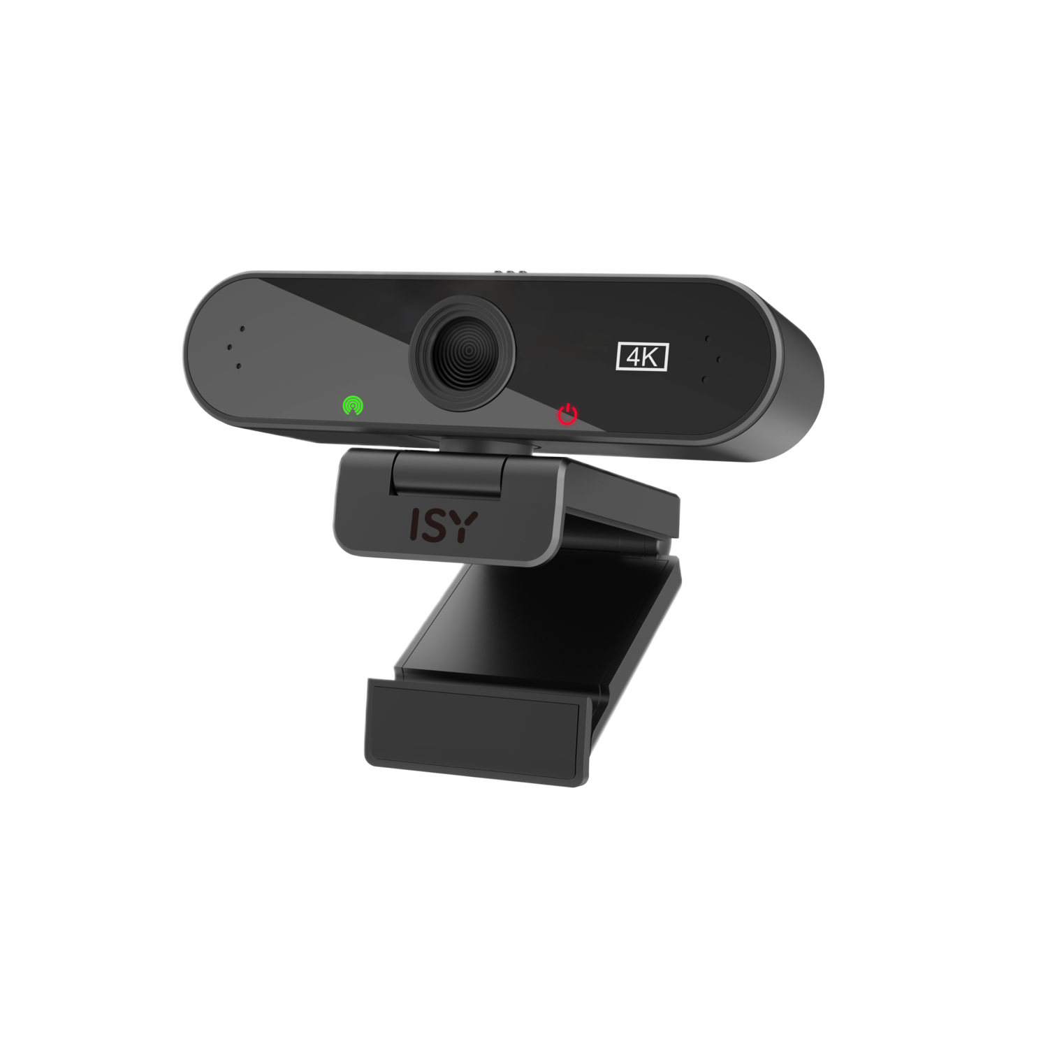 Een zwarte 4K-webcam op een zwart statief, geïsoleerd.