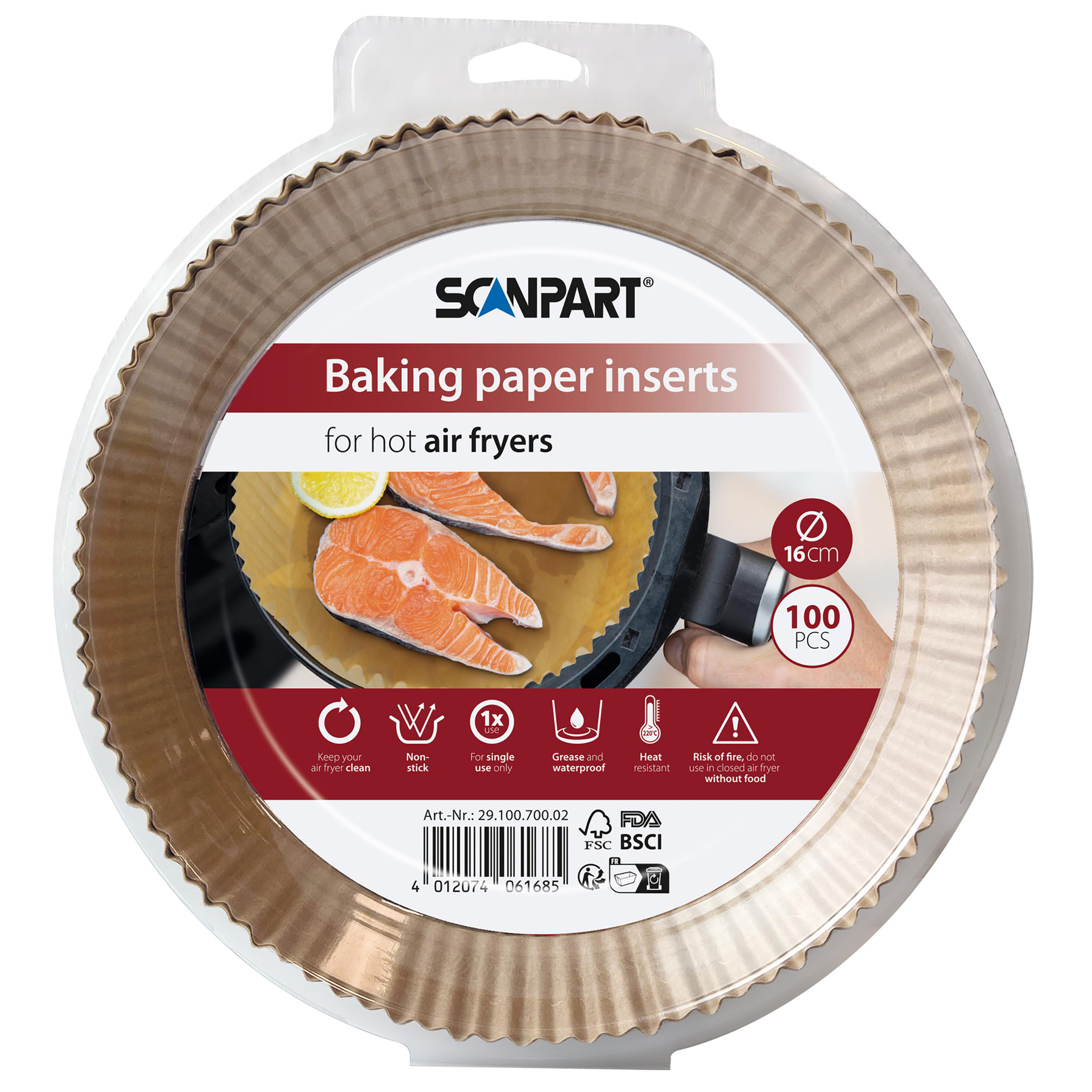 Backpapier-Einsätze in einer Verpackung mit Text, für Heißluftfritteusen.