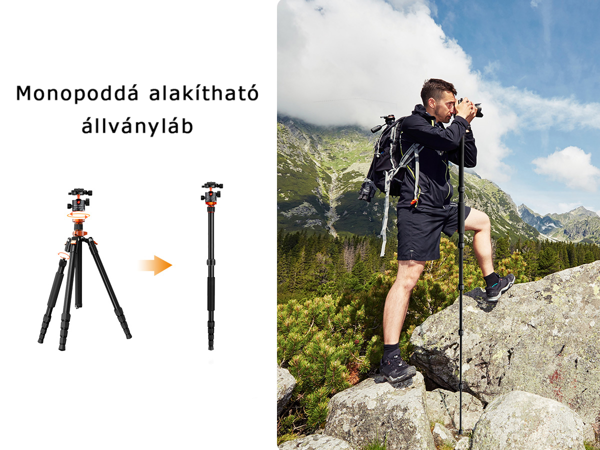 Egy állvány monopoddá alakítva. Egy férfi a monopoddal túrázik.