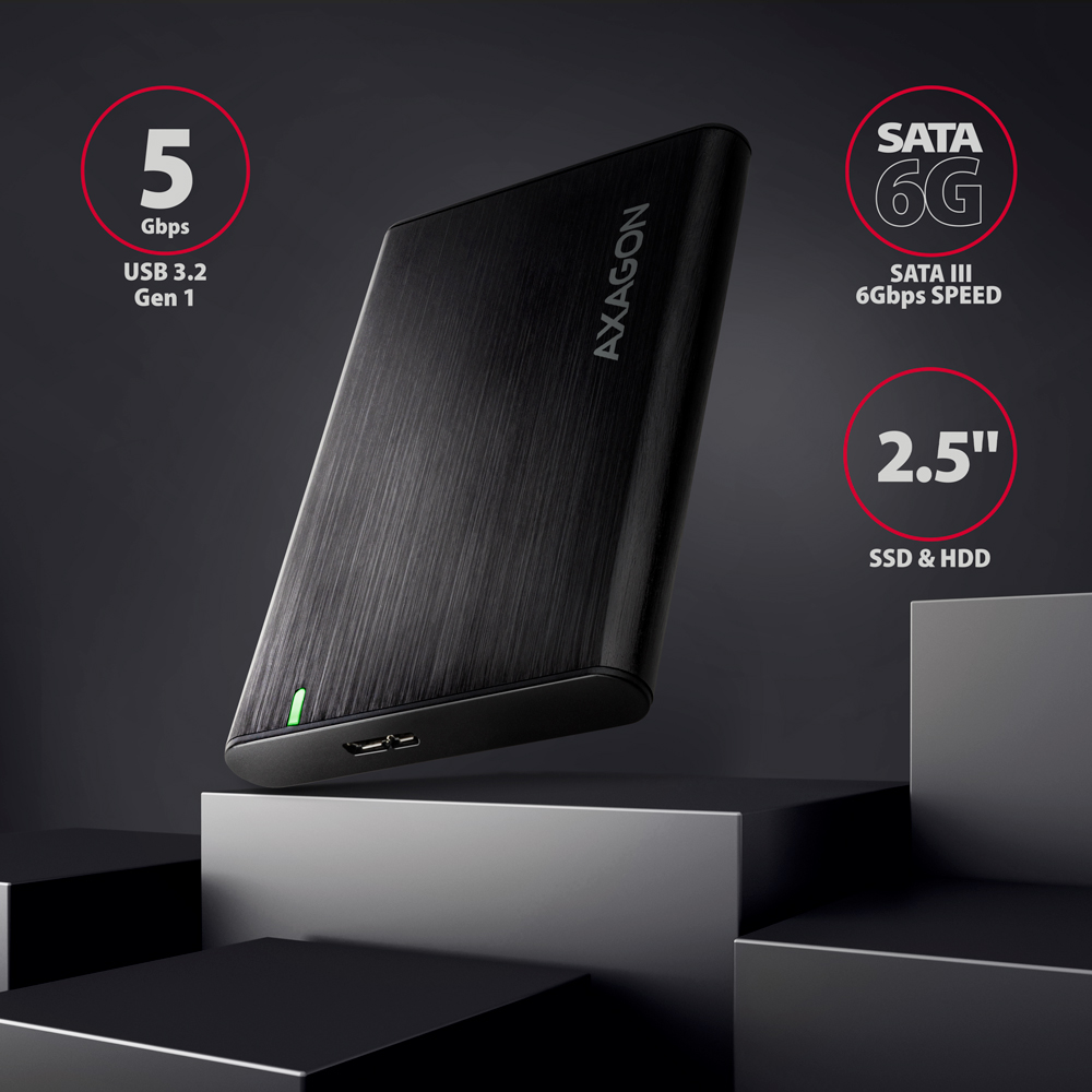 Fekete Axagon külső SSD, szöveg overlay-jel. 5 Gbps, USB 3.2 Gen 1 és SATA 6G.