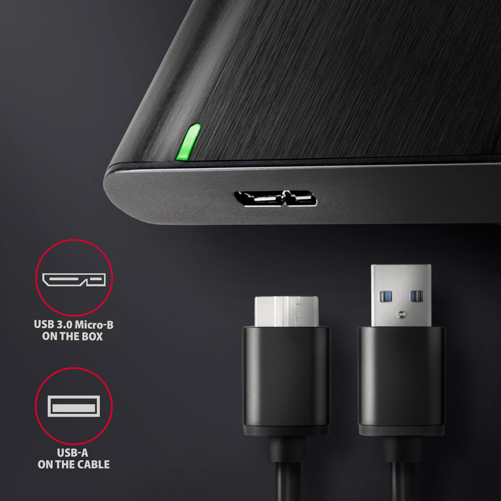 Egy fekete eszköz közeli képe USB portokkal és zöld fénnyel, közelben USB kábelekkel.