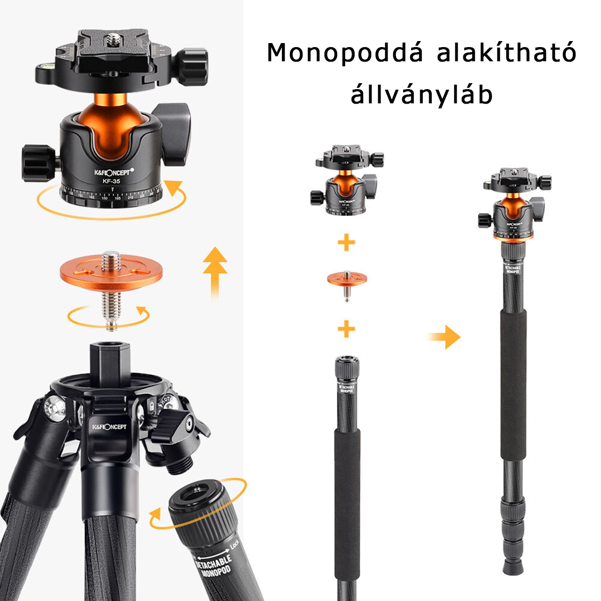 A tripod szétszerelve és összeszerelve. Részek: lábak, fej, gyorscsatlakozó. Fekete és narancs.