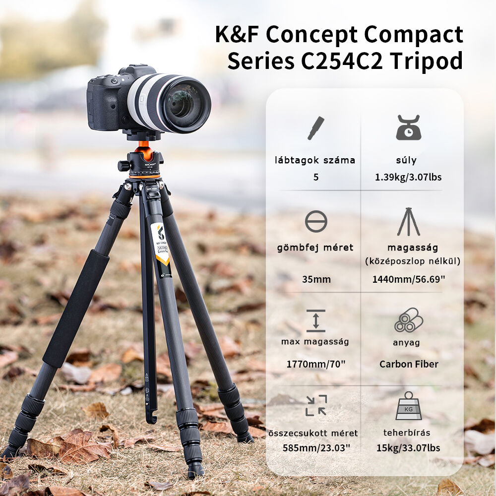 Kamera állványon, K&F Concept logóval, diagrammal, súly, magasság adatokkal.