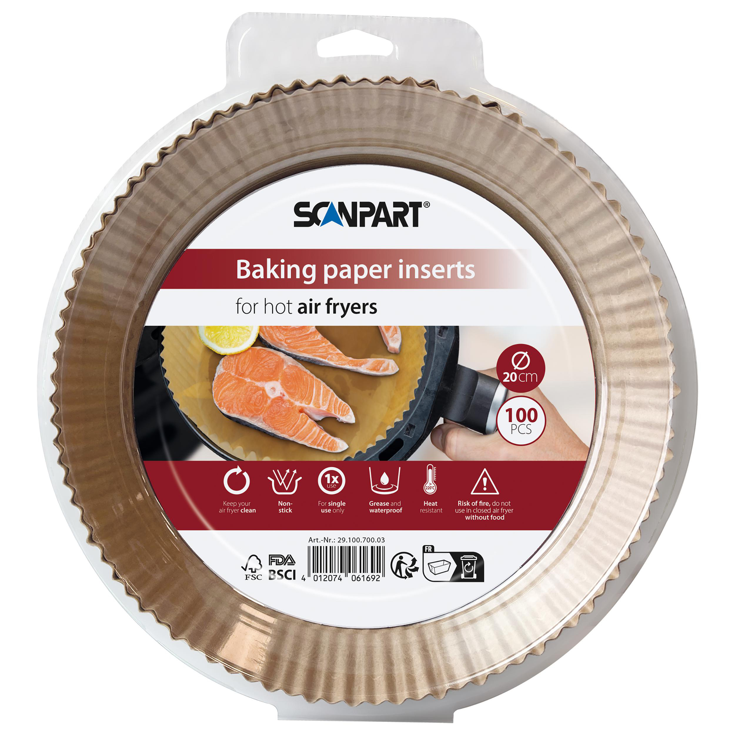 Backpapiereinsätze für Heißluftfritteusen in runder Verpackung, mit Lachs und Zitrone.
