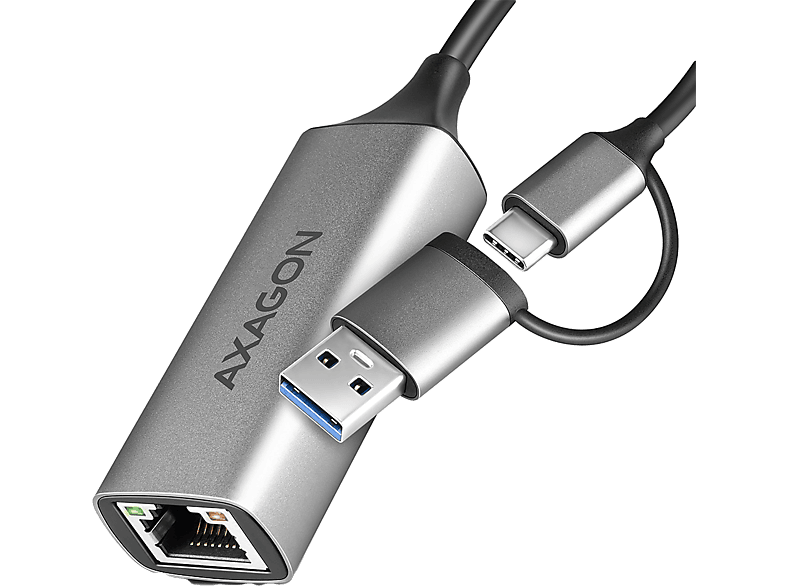 AXAGON USB-A + USB Type-C 3.2 Gen 1 Gigabit RJ-45 LAN hálózati adapter, 15 cm, alumínium (ADE-TXCA)