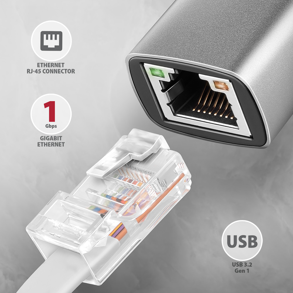 USB-C – Ethernet adapter, RJ-45 csatlakozóval, Gigabit Ethernet-tel és USB porttal.