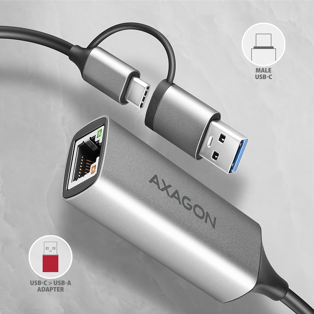 Ezüst és fekete Axagon adapter USB-C és USB-A csatlakozóval.