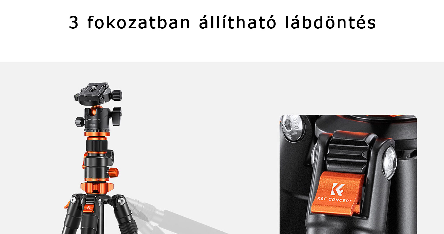 Állvány részletei: magasságállítás és lábzáró mechanizmus, narancssárga elemek.