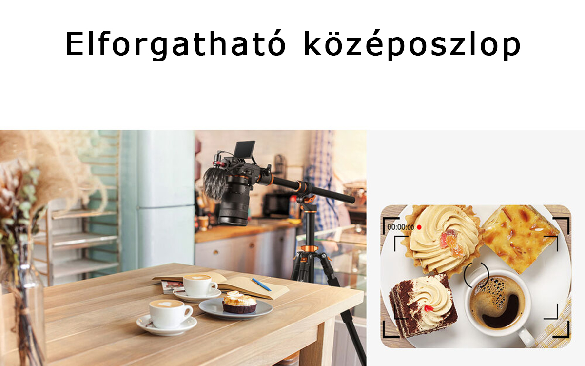 Egy kamerabeállítás egy faasztalon, süteményekkel és kávéval, valamint egy képernyővel.