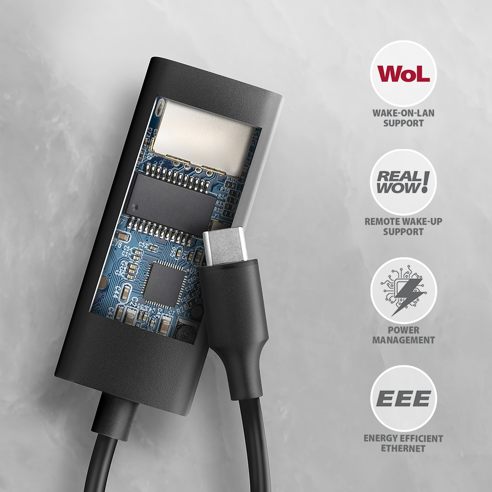 Fekete eszköz látható belső alkatrészekkel és USB-C csatlakozóval. Ikonok leírásokkal.
