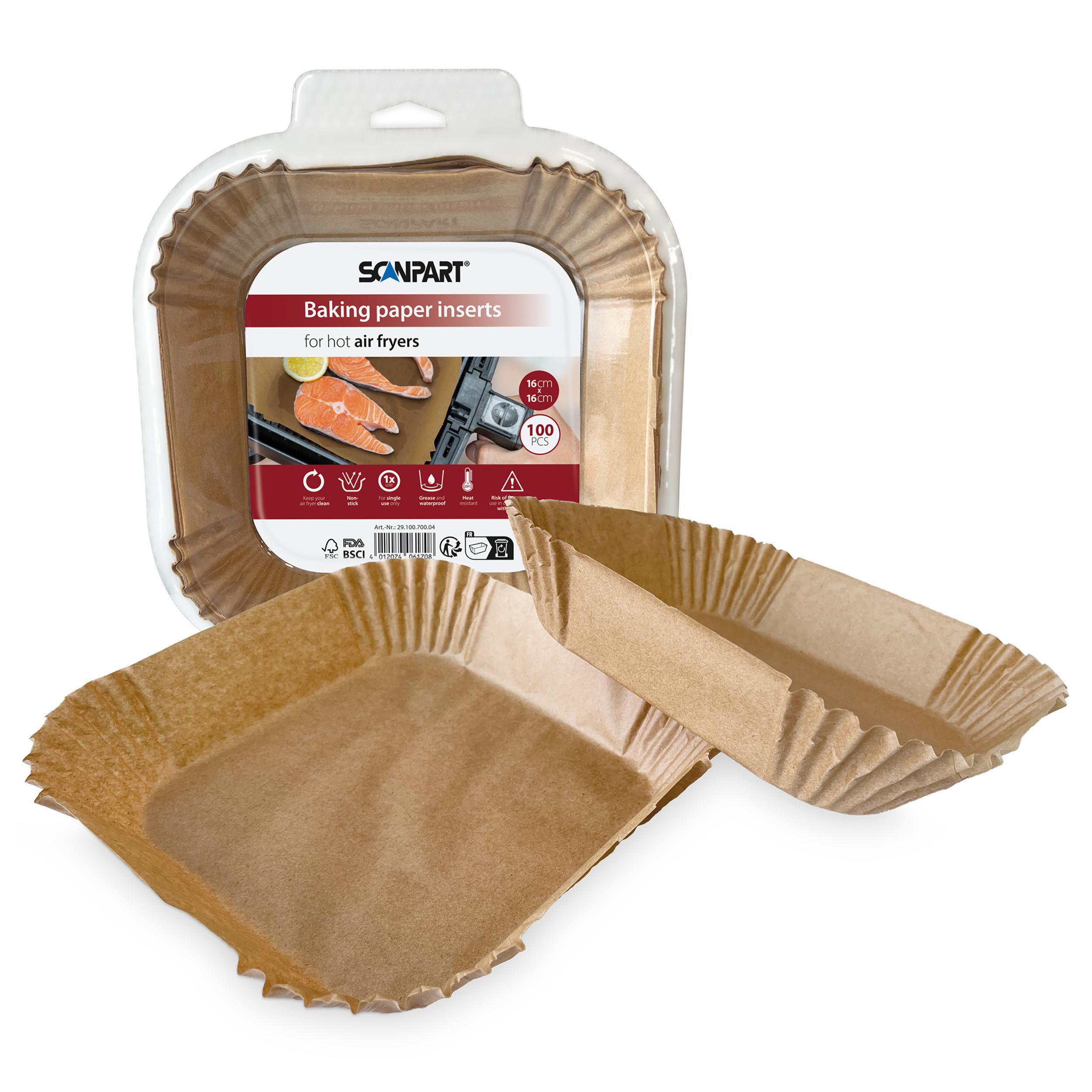 Braune Papiereinsätze zum Backen für Heißluftfritteusen. Die Einsätze sind quadratisch und in einer transparenten Kunststoffverpackung.