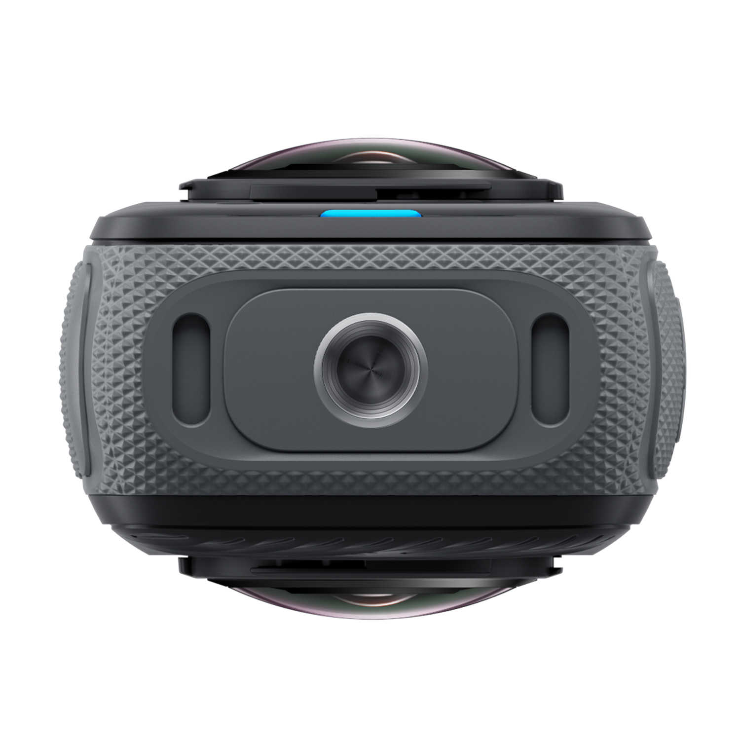 Fotocamera grigia a 360° su sfondo bianco. Ha 3 lenti e una base nera. Una luce blu è sopra.