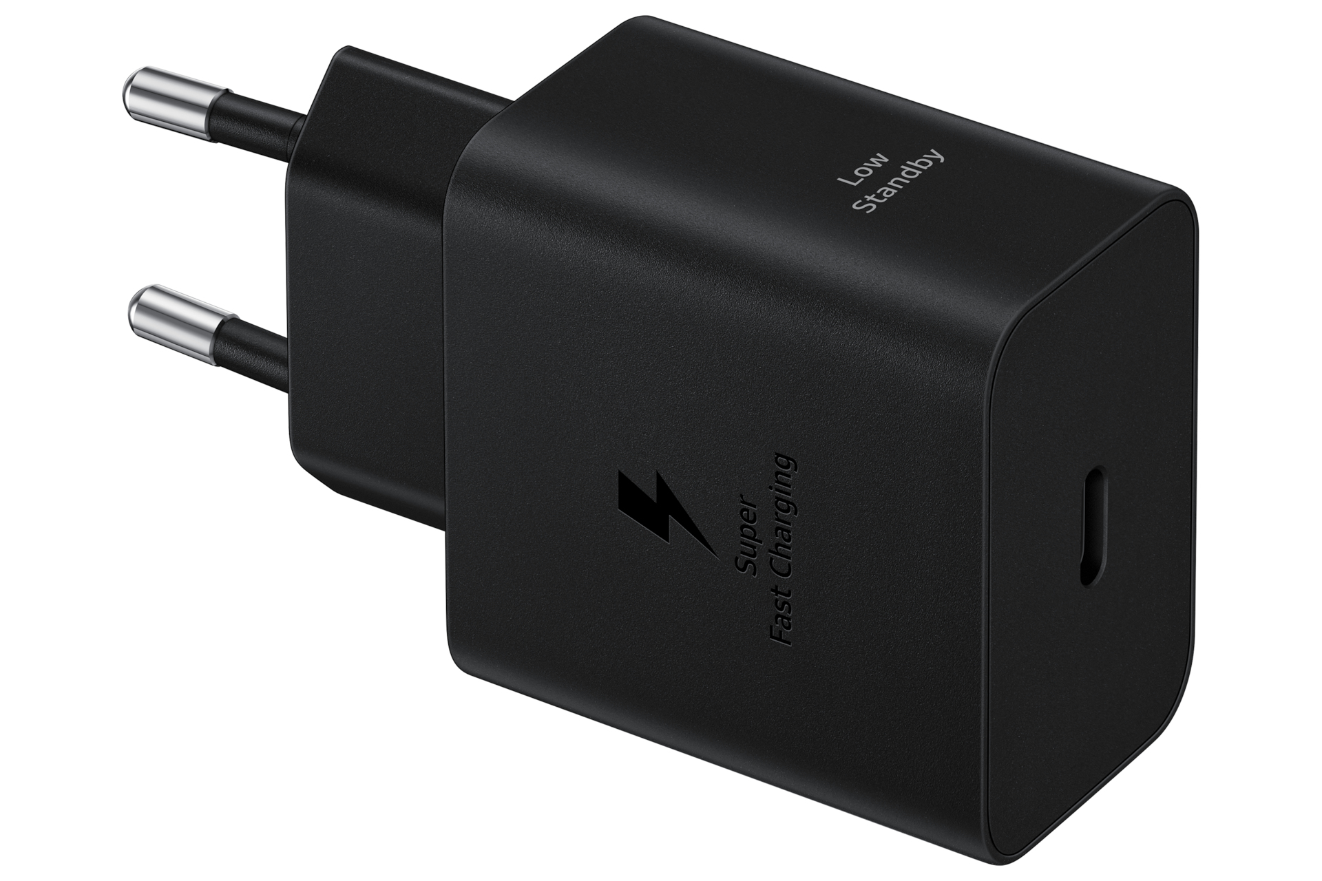 Cargador Samsung negro con puerto USB-C. Fondo blanco.