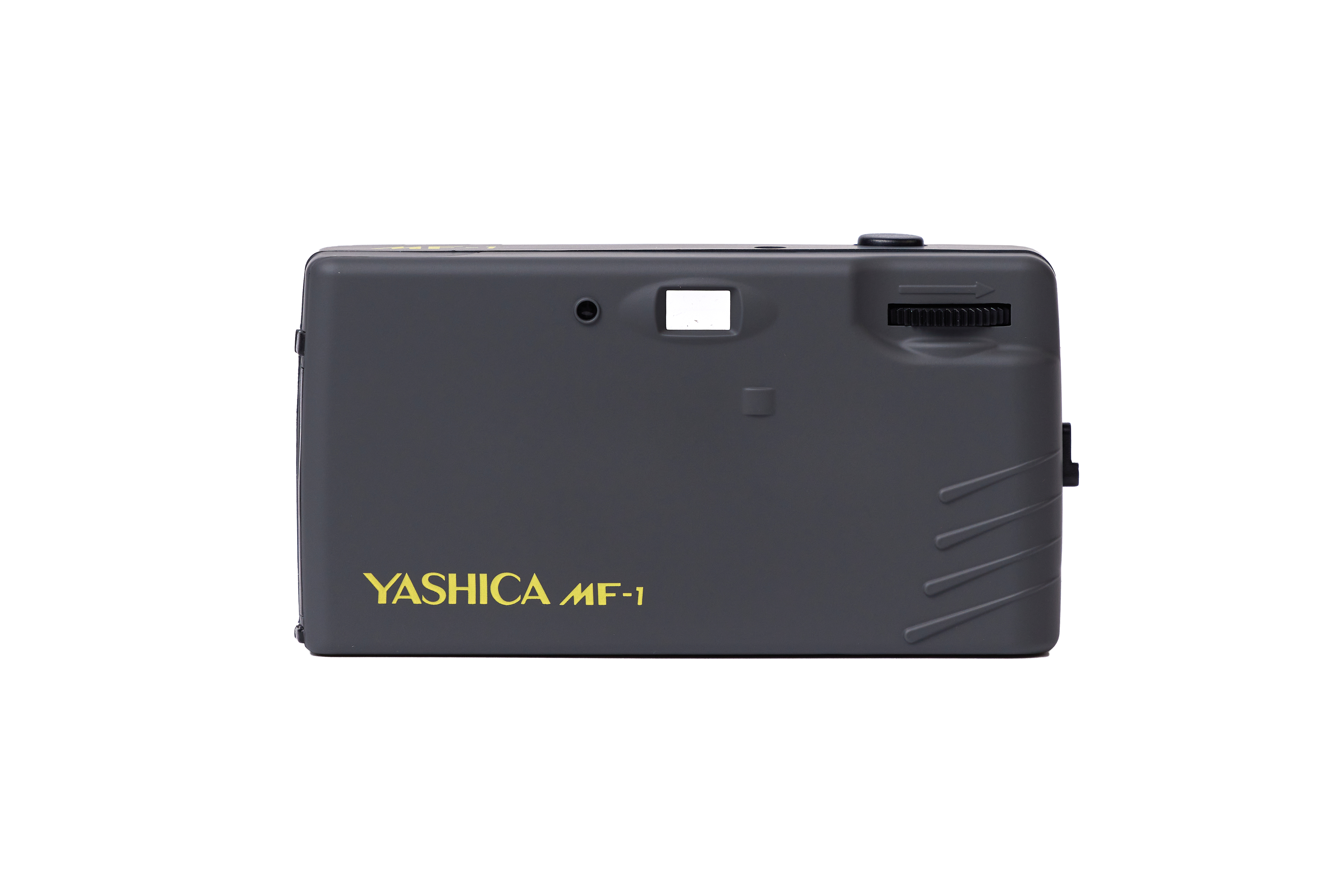 Graue Yashica MF-1 Kamera mit gelbem Logo und Aufziehrad.