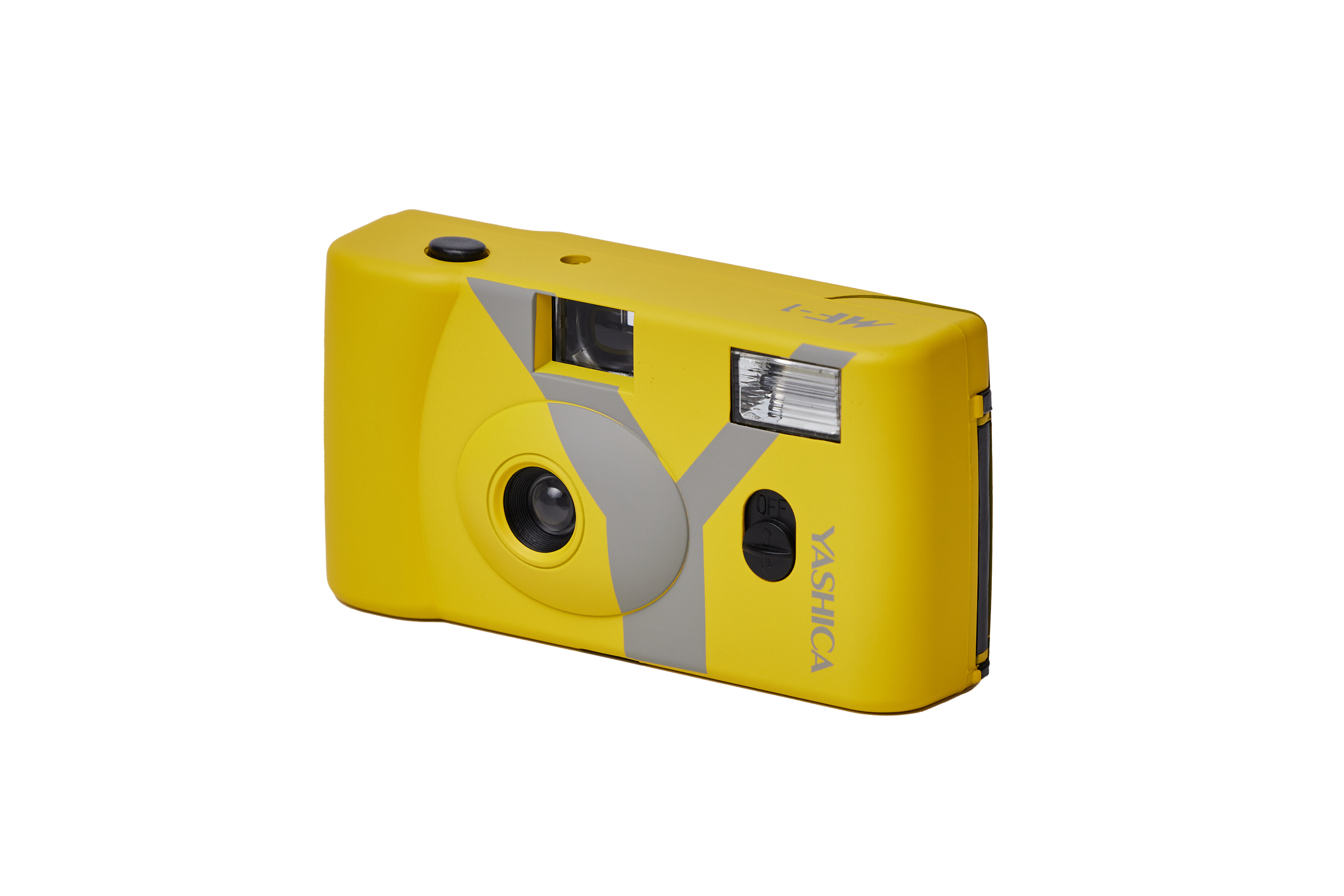 Gelbe Yashica MF-1W Kamera mit grauem Streifen. Die Kamera steht vor weißem Hintergrund.