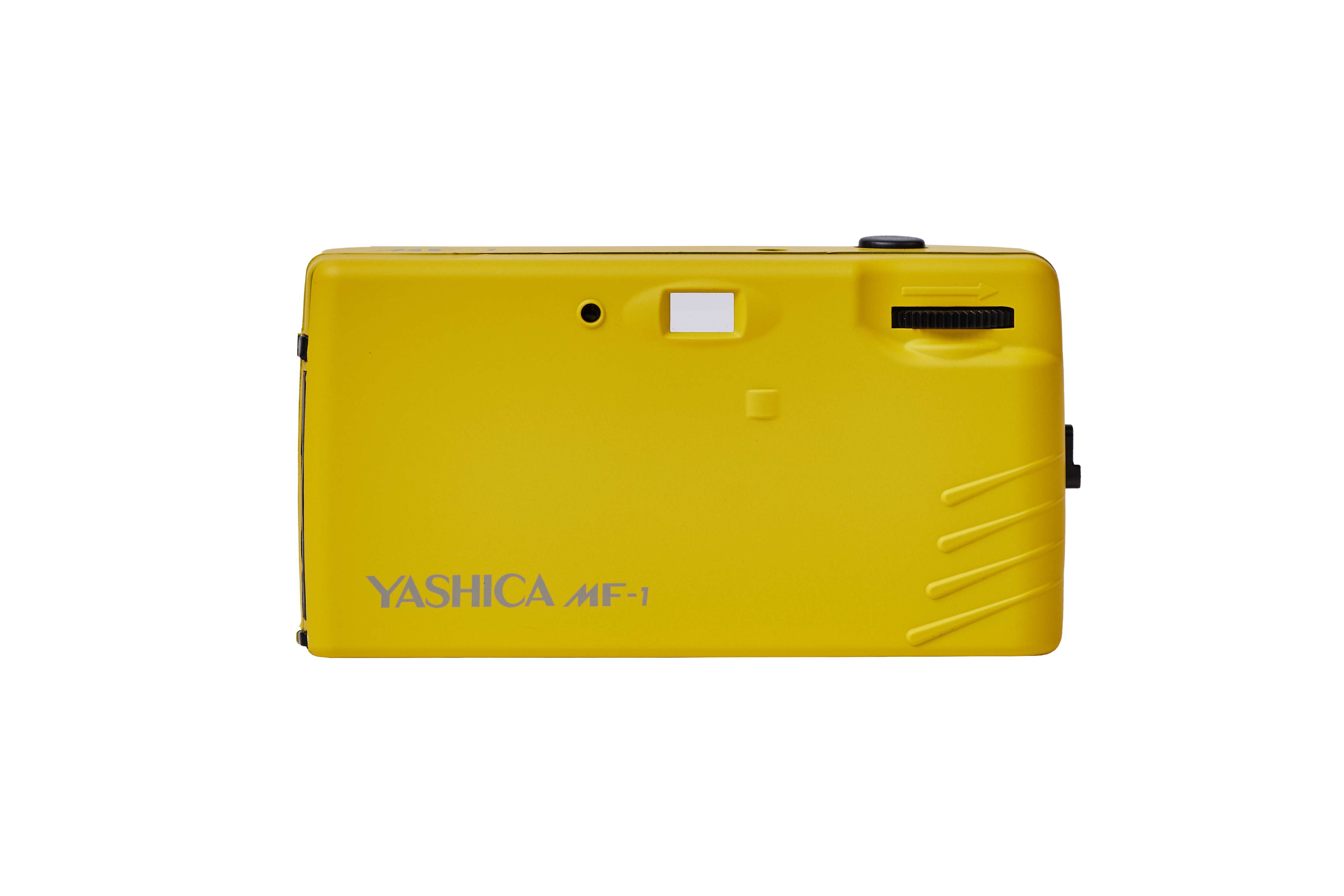 Gelbe Yashica MF-1 Kamera, Rückansicht, weißer Hintergrund.
