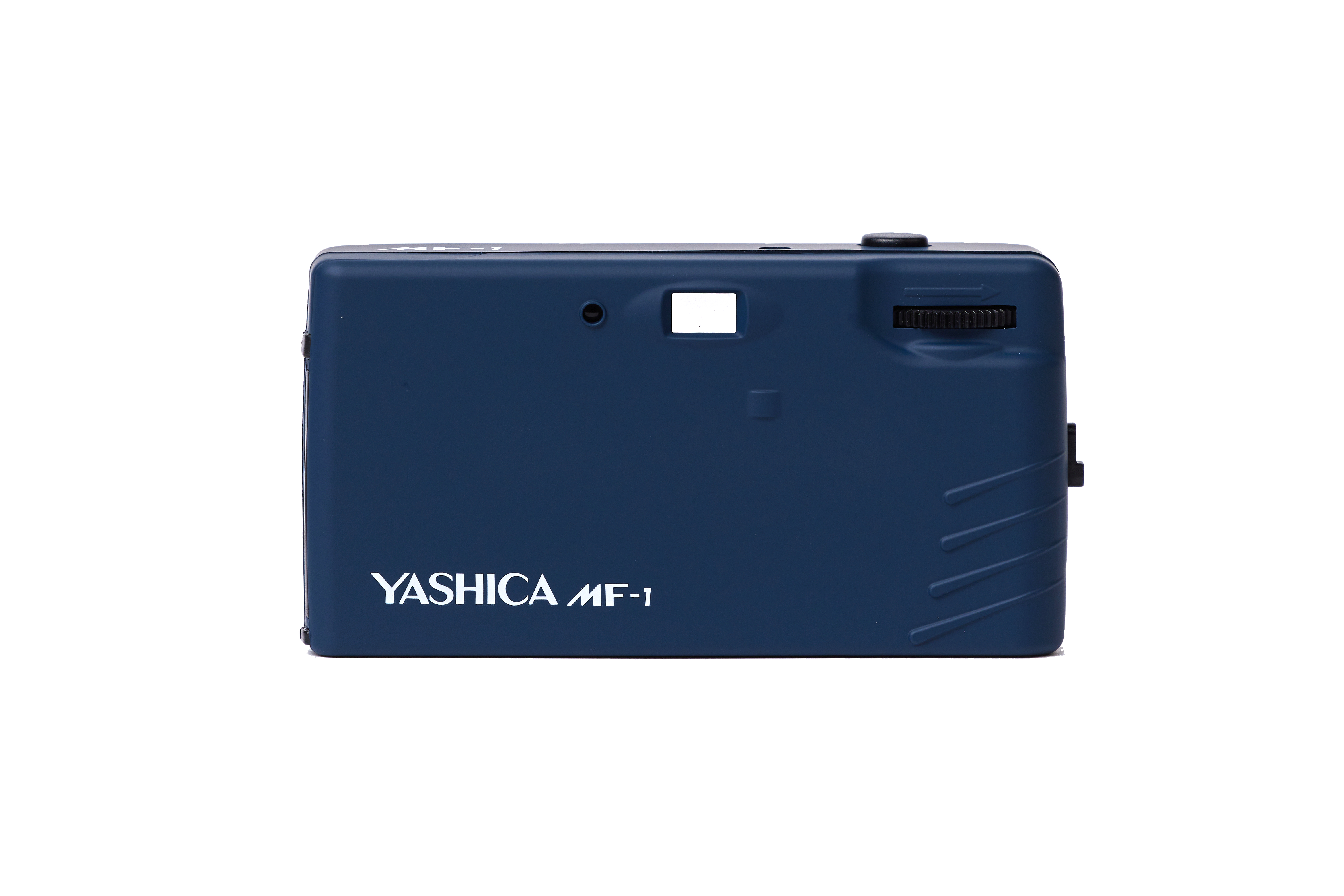 Blaue YASHICA MF-1 Kamera, Rückansicht, weißer Text: YASHICA MF-1 auf weißem Hintergrund.