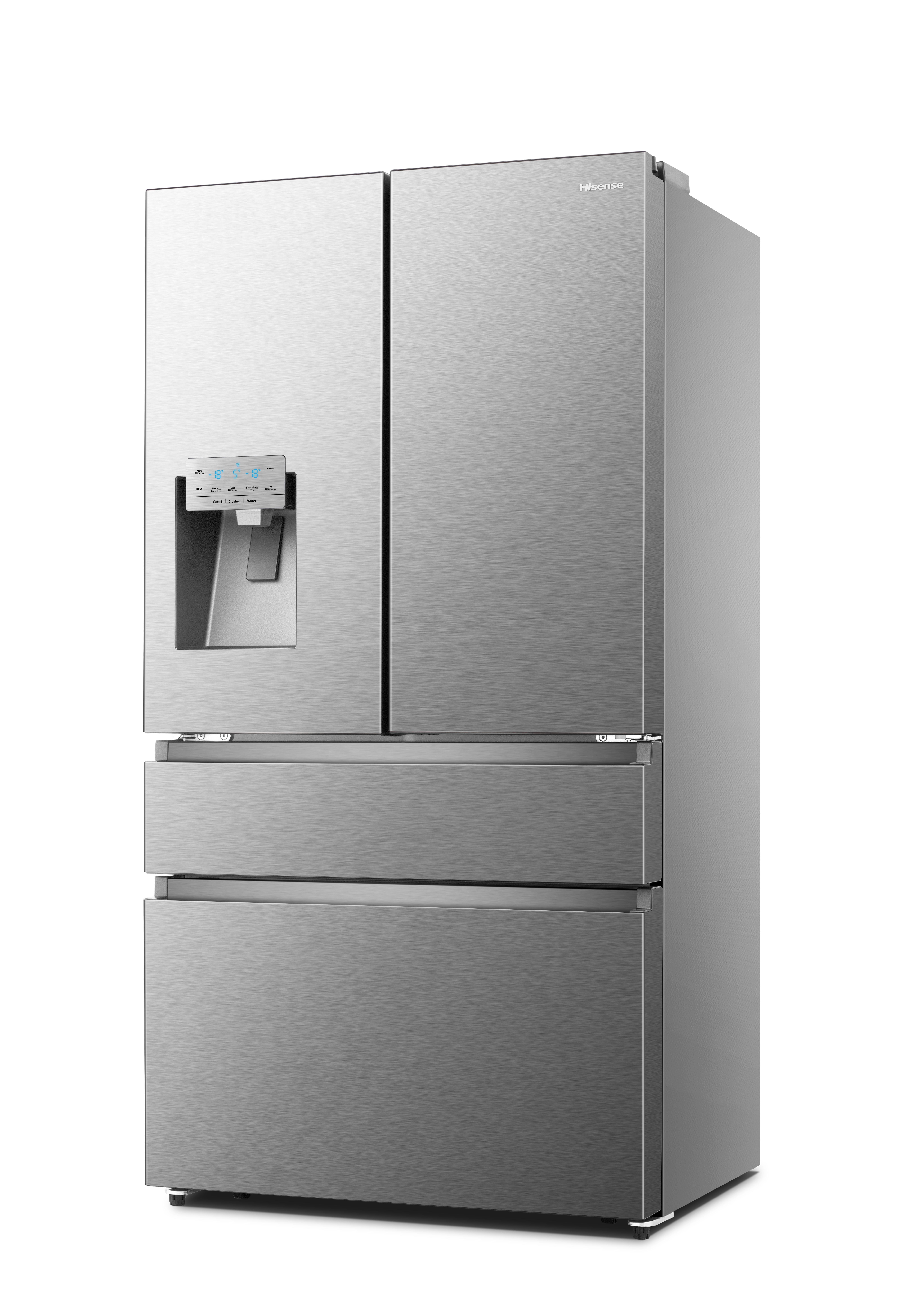 Edelstahl Hisense Kühlschrank mit drei Türen und Wasserspender.