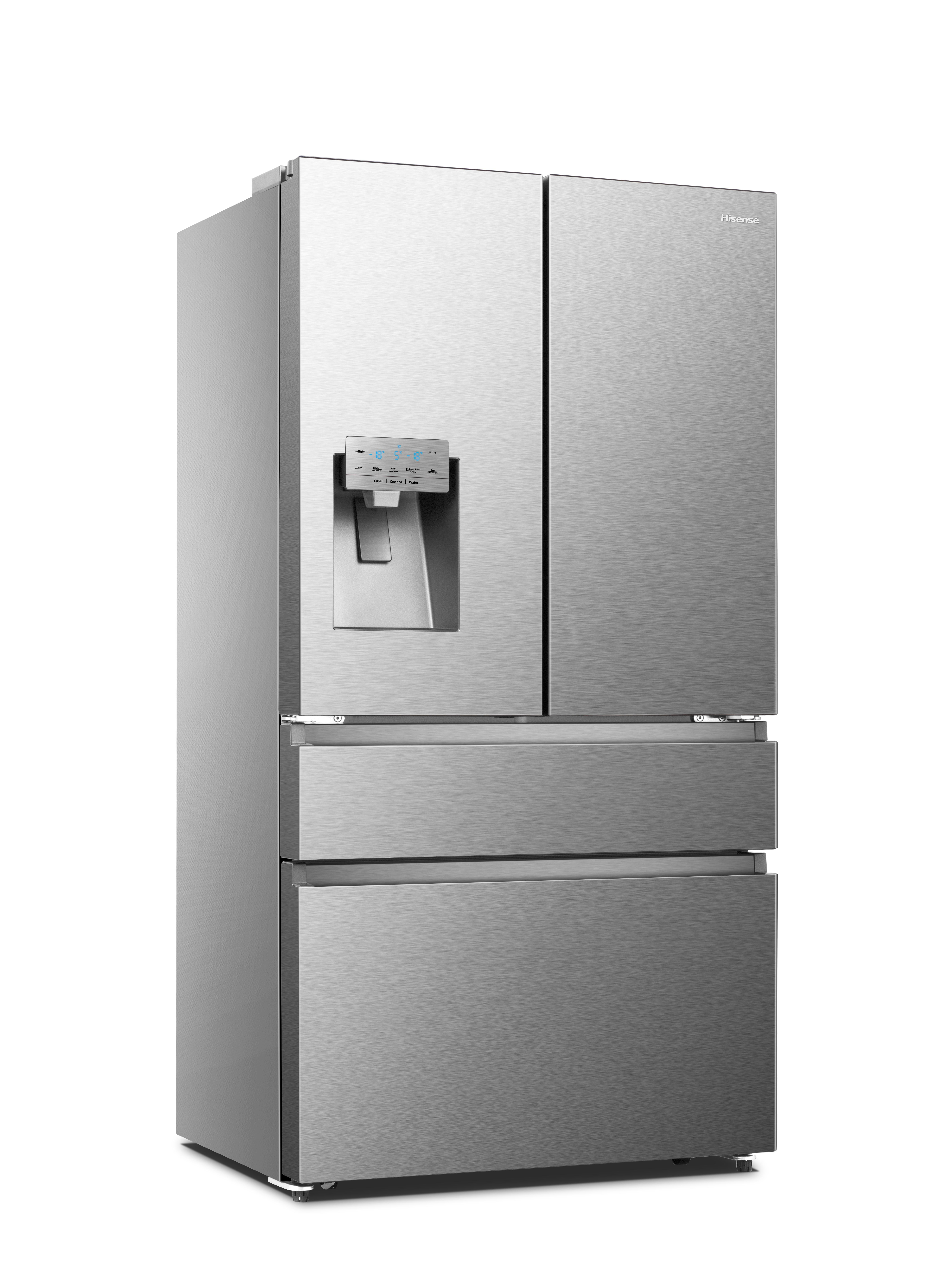 Ein Edelstahl-Kühlschrank von Hisense mit drei Türen und Wasserspender.