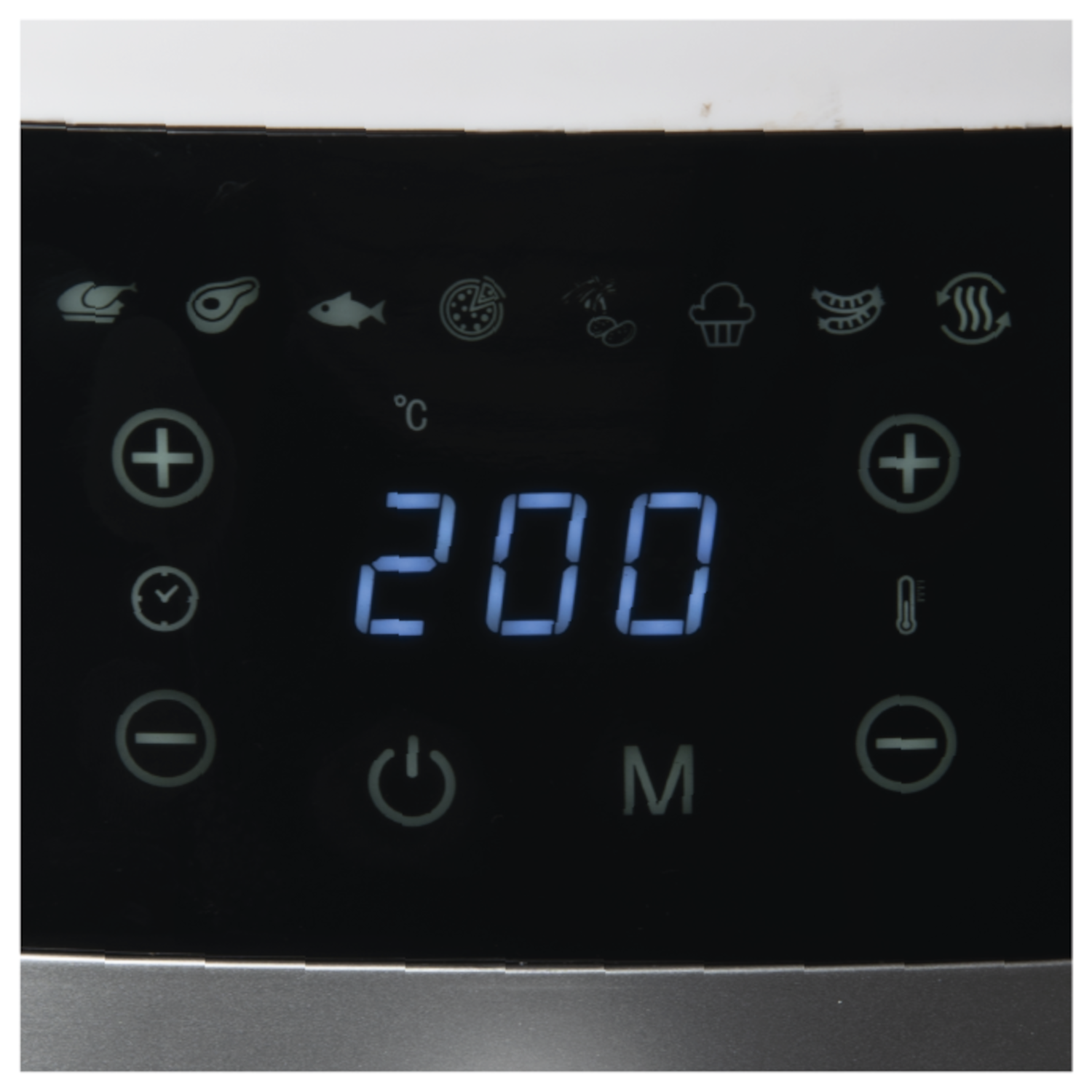 Close-up van het bedieningspaneel van een airfryer met temperatuurinstelling van 200 graden.