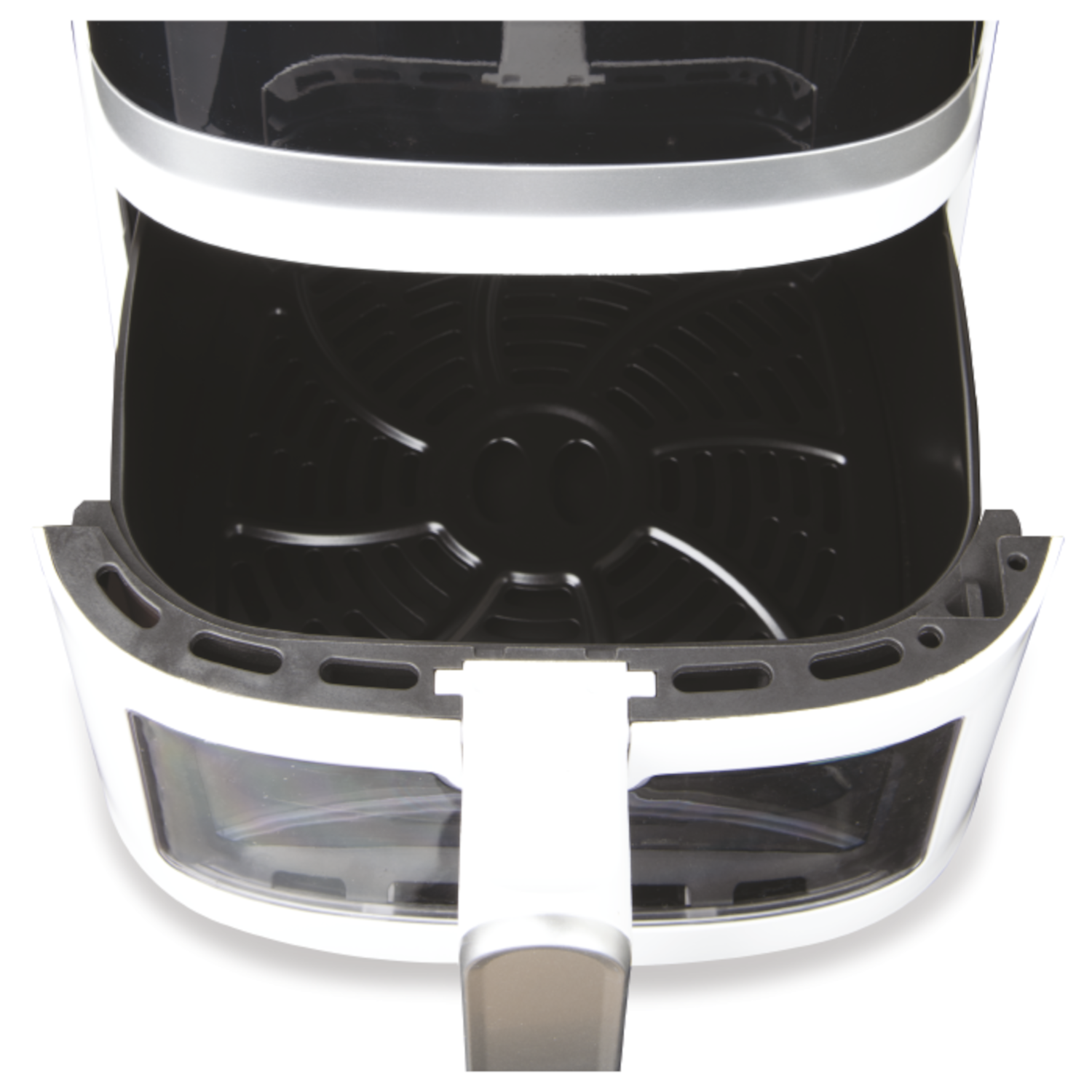 Airfryer met open lade, witte behuizing, zwart interieur.