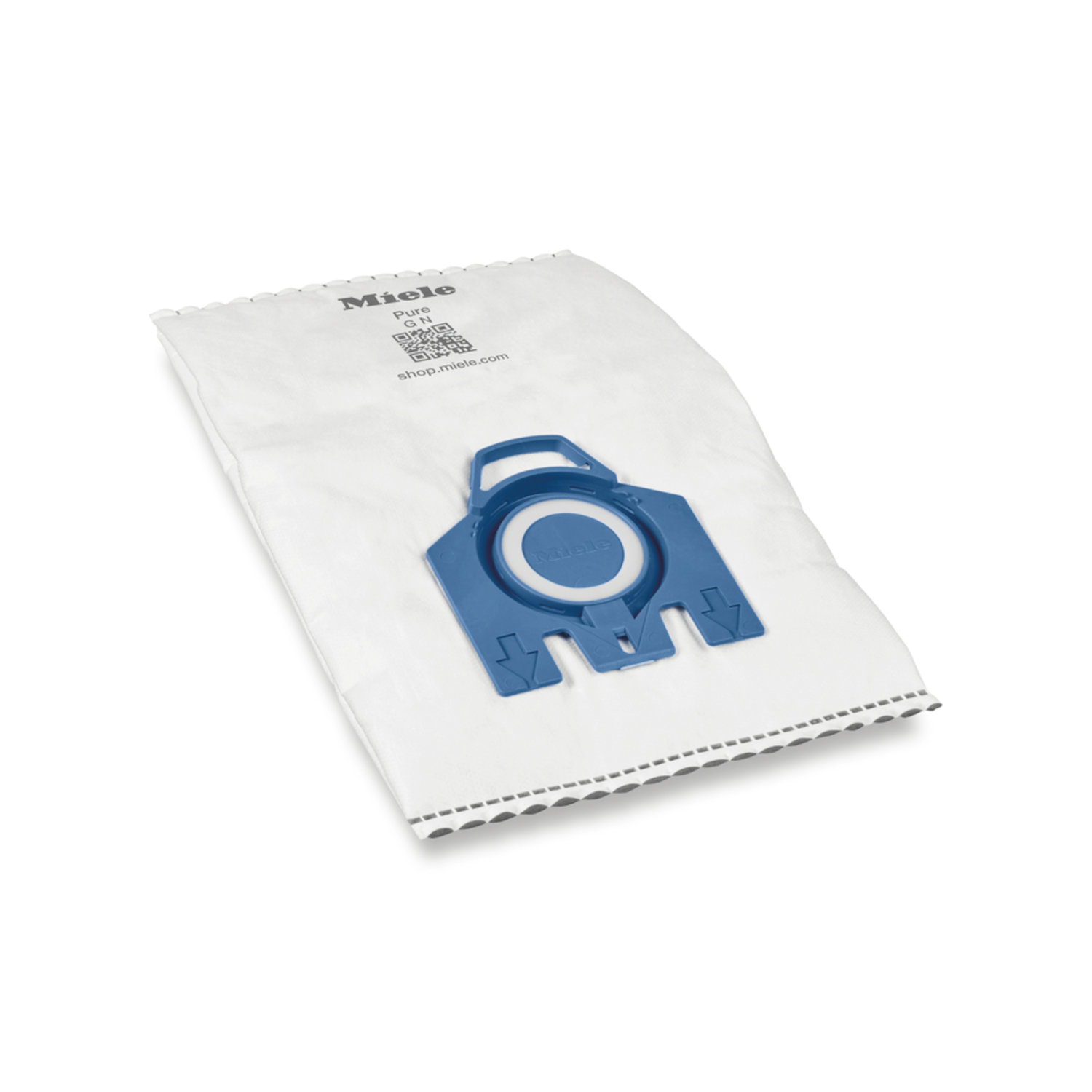 A white vacuum cleaner bag with a blue plastic attachment, isolated on a white background.