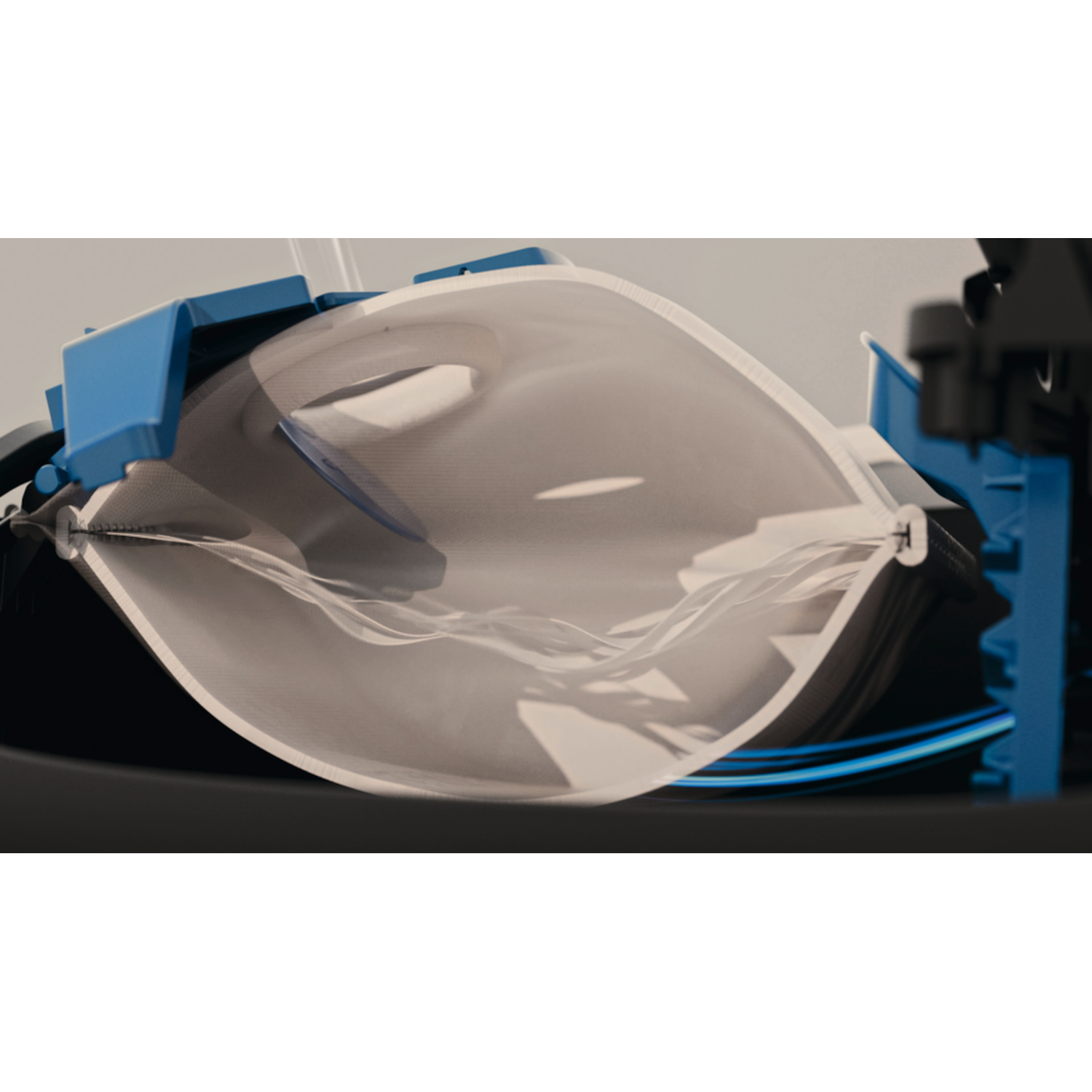 A cross-section of a product with flowing liquid and internal components.
