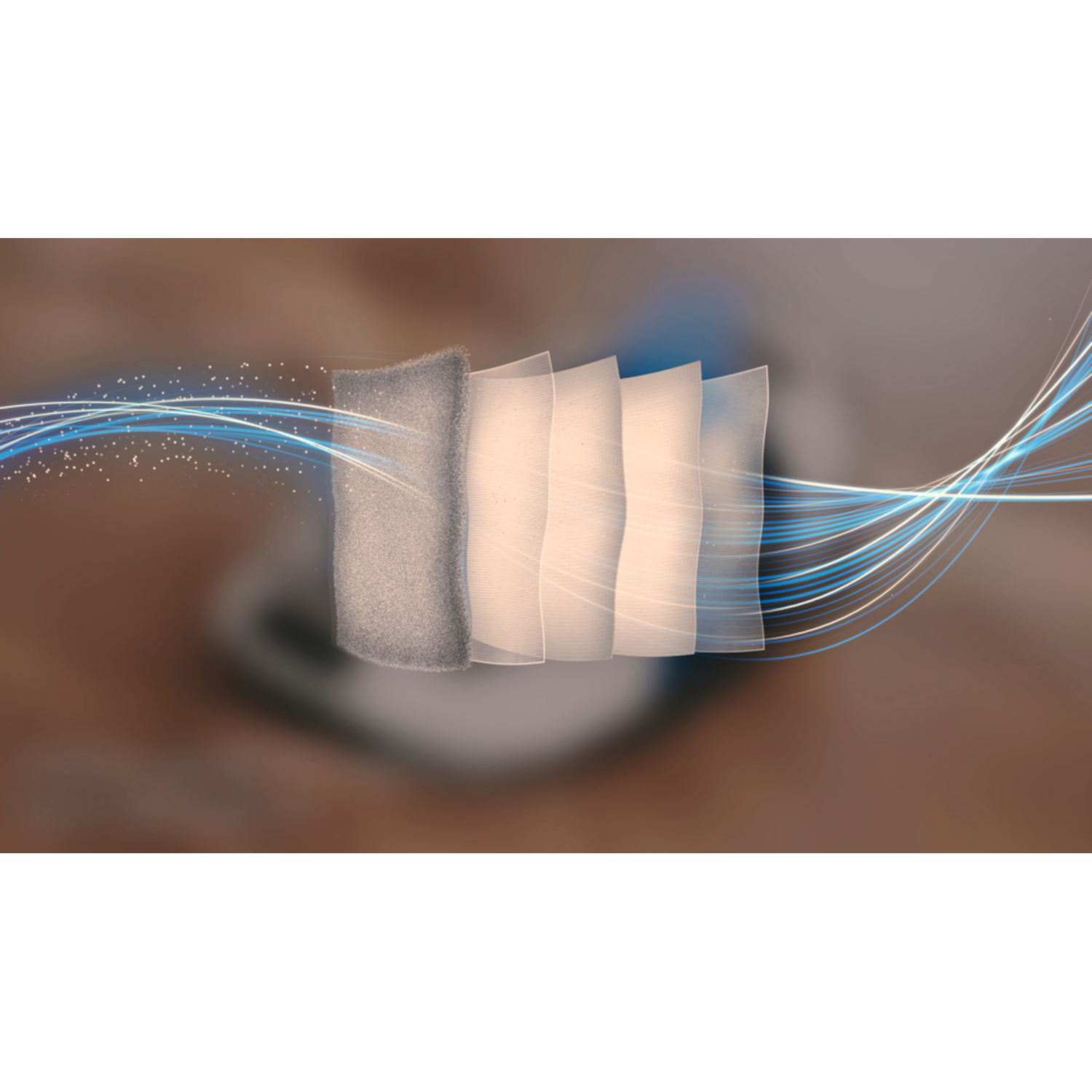 Close-up of air filter layers with blue and white lines crossing the image. Blur background.