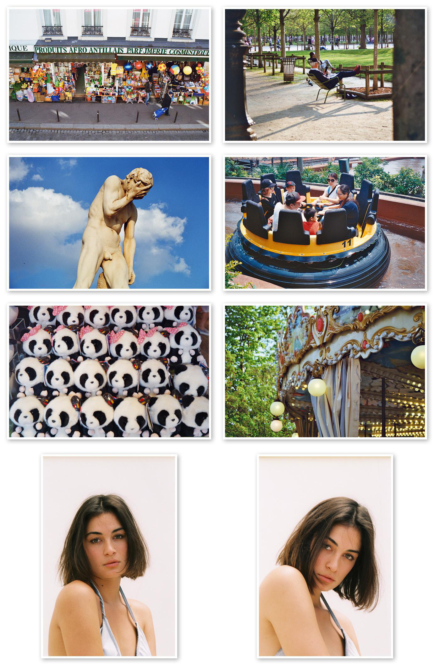 Eine Collage von acht Fotos, die eine Straße, eine Statue, Menschen und eine Frau zeigen.