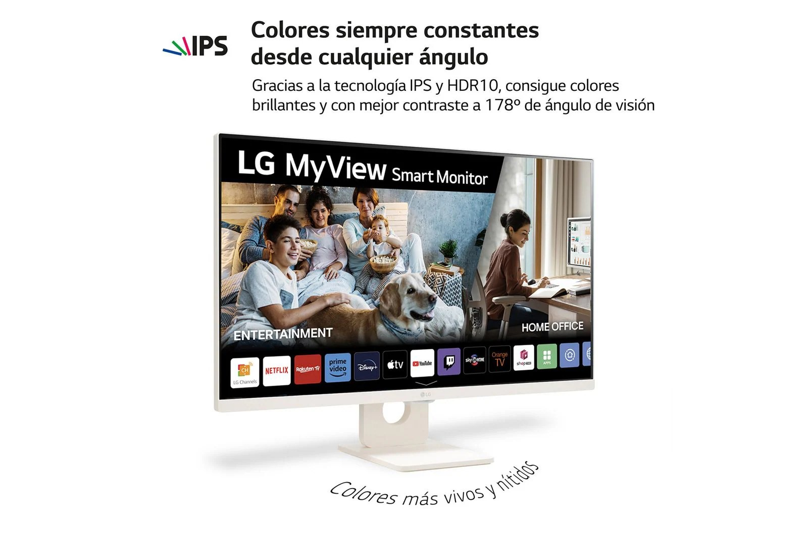 LG MyView Smart Monitor muestra a una familia viendo la televisión. Texto en español sobre el color.