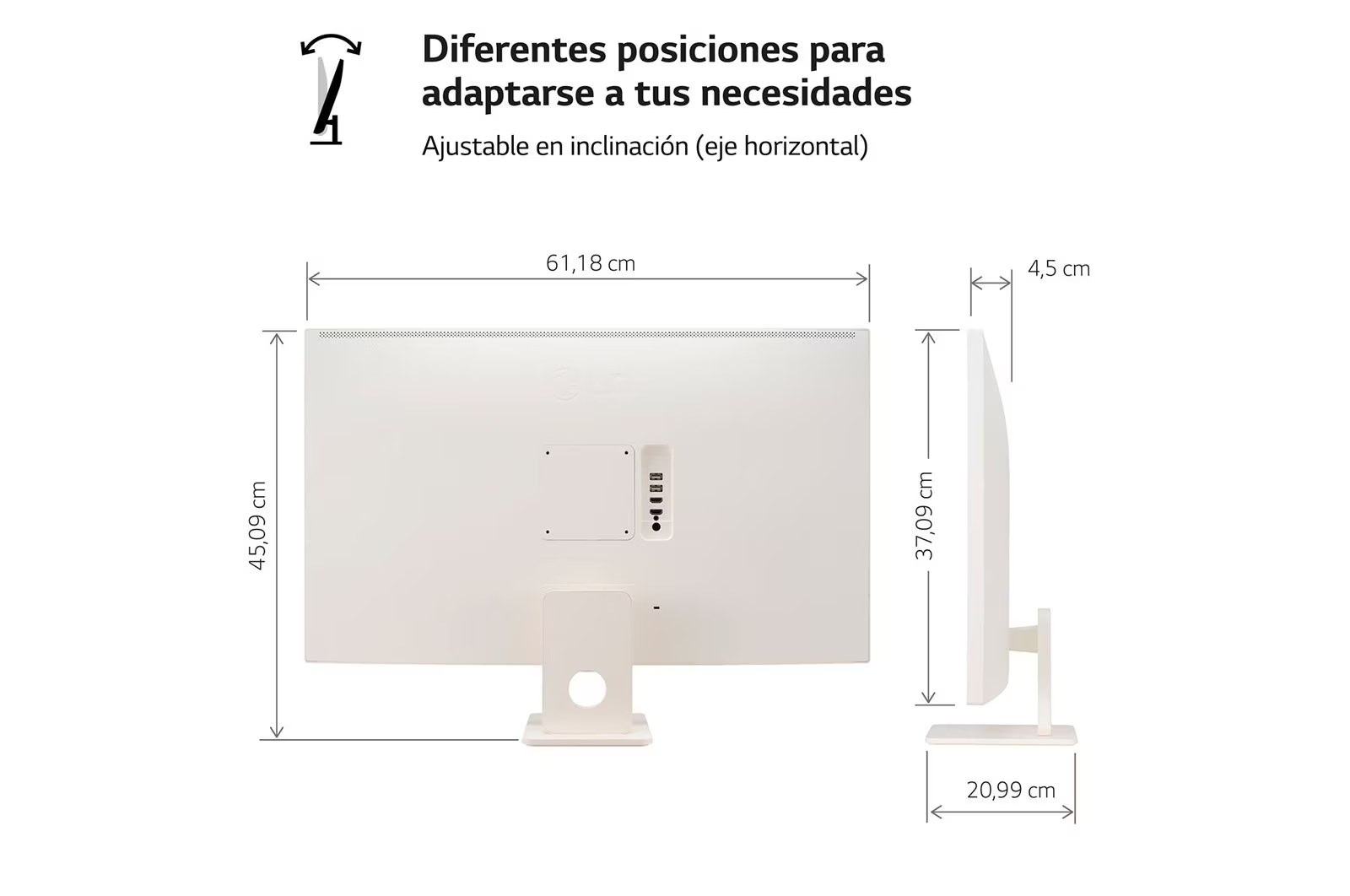 Monitor blanco que muestra dimensiones y ajustes. Vistas trasera y lateral.