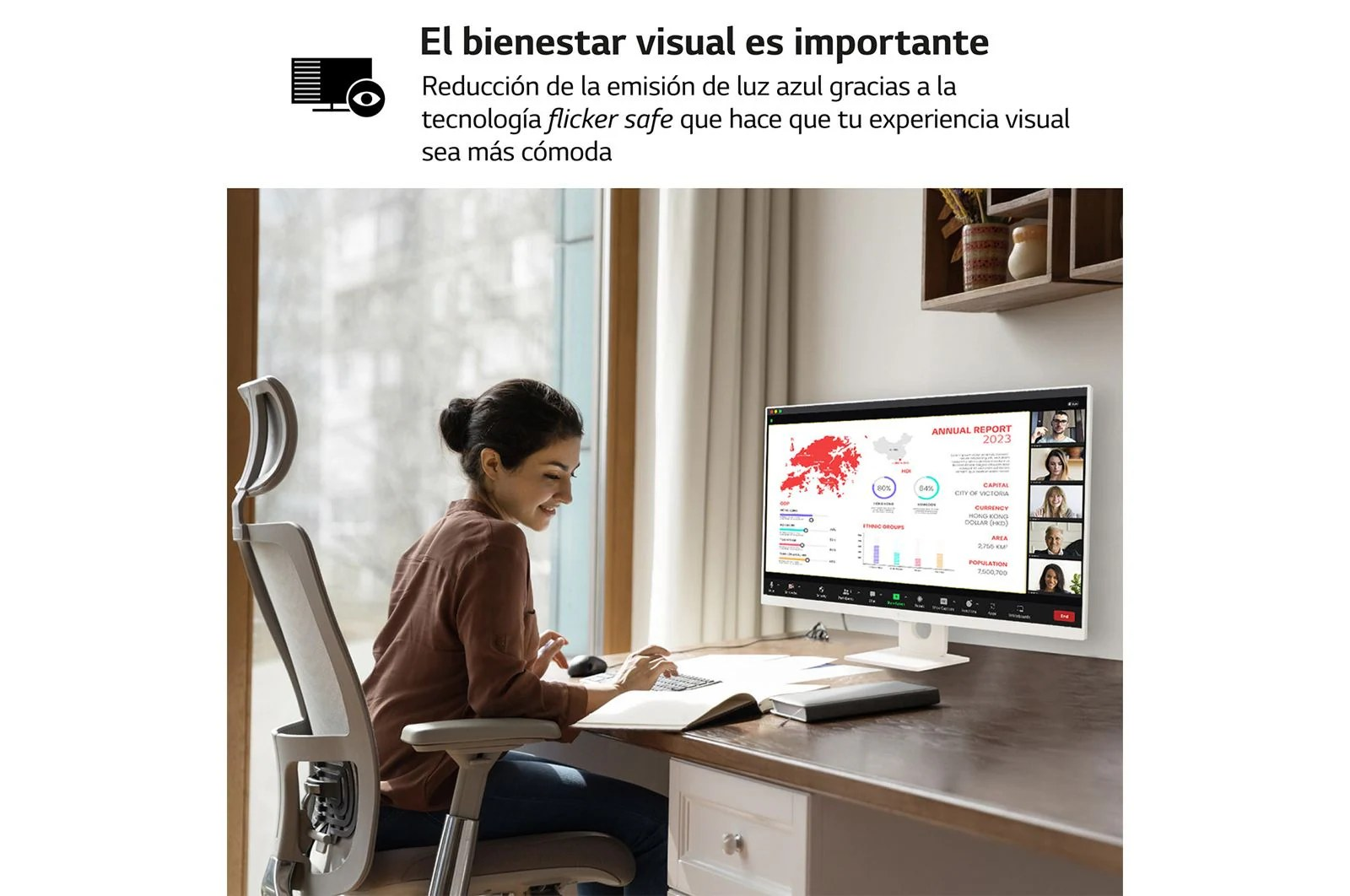 Una mujer en un escritorio usando un monitor. Hay texto sobre la reducción de la luz azul.
