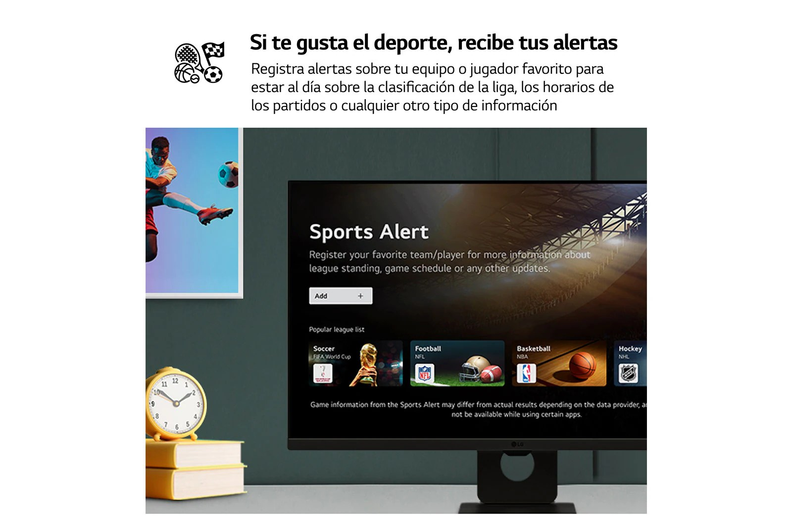Alerta deportiva en un monitor. Texto en español. Gráficos de fútbol, baloncesto y hockey.