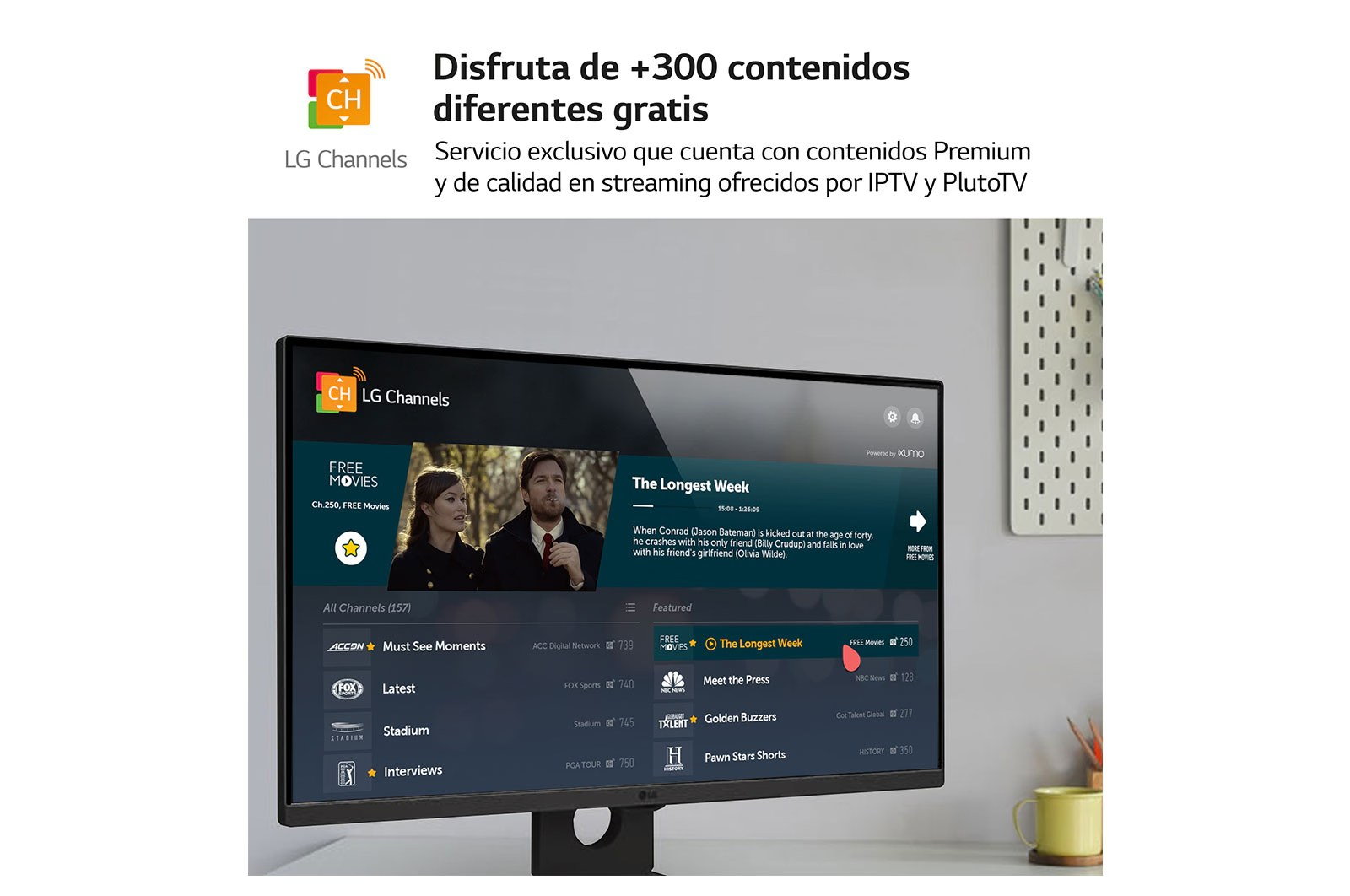Pantalla de TV mostrando la interfaz de LG Channels, con listados de programas y taza amarilla.