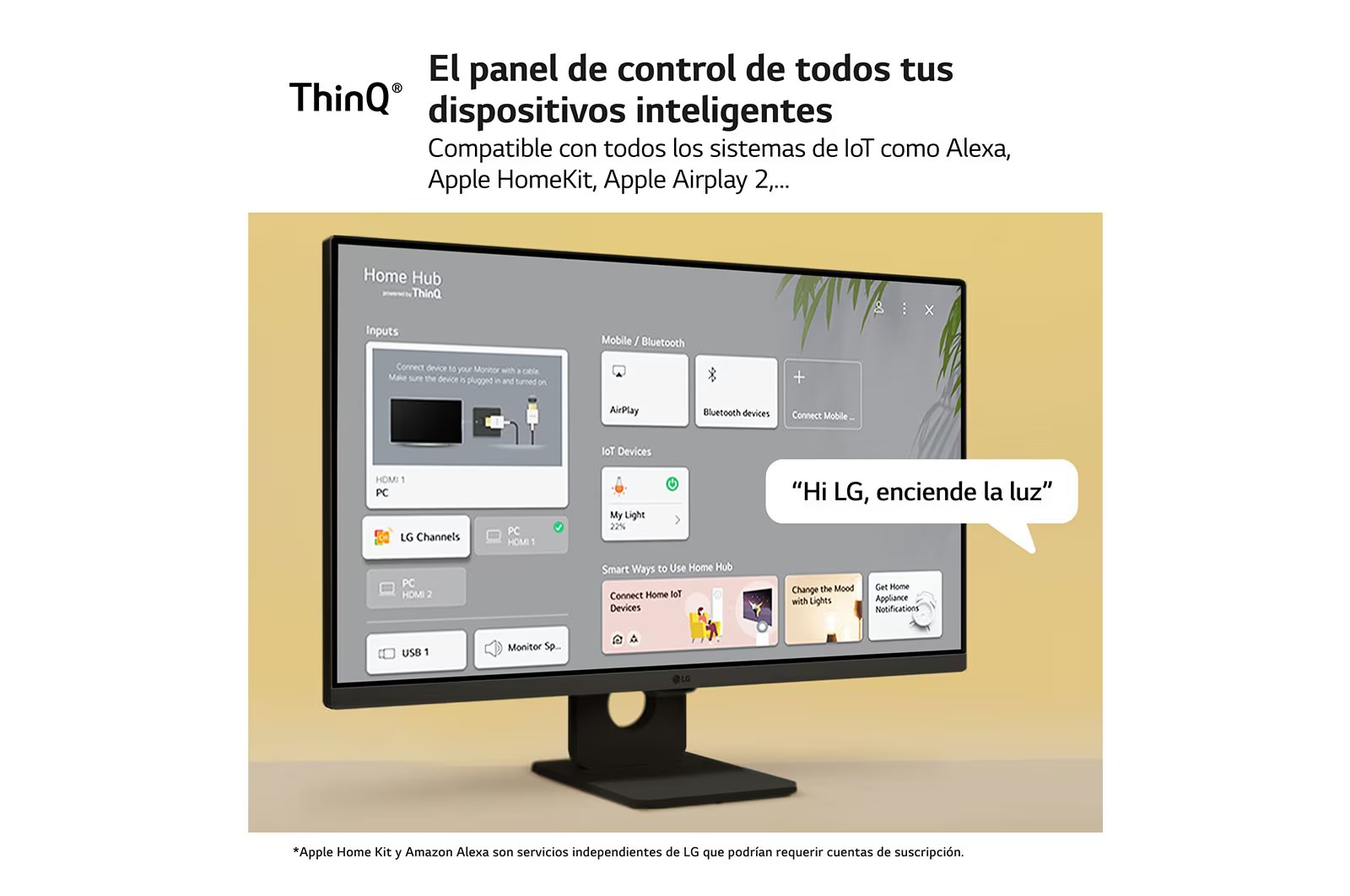Monitor mostrando interfaz de hogar inteligente. Burbuja: "Hola LG, enciende la luz."
