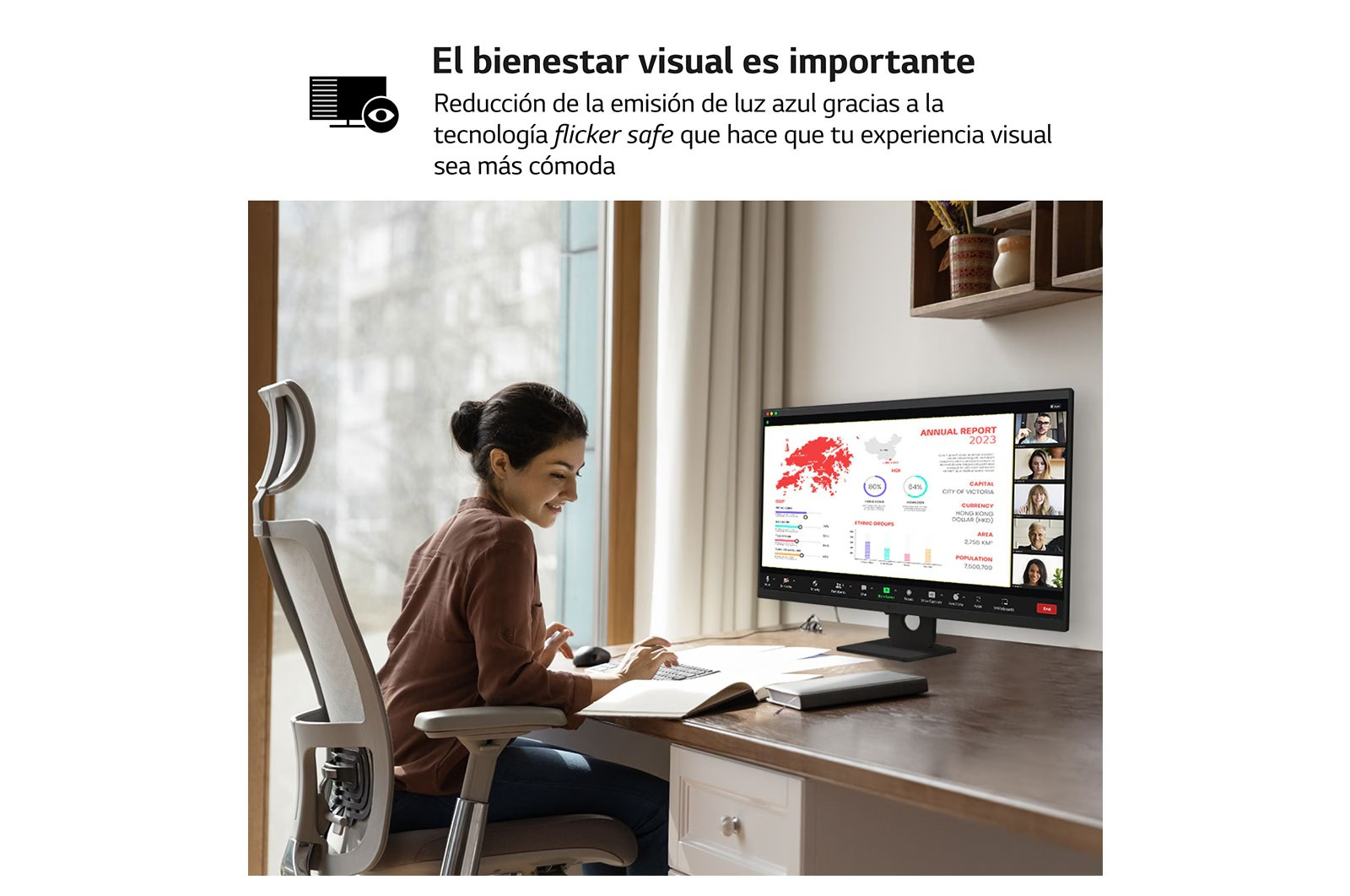 Mujer usando un monitor en una oficina, con texto sobre tecnología flicker safe en la pantalla.