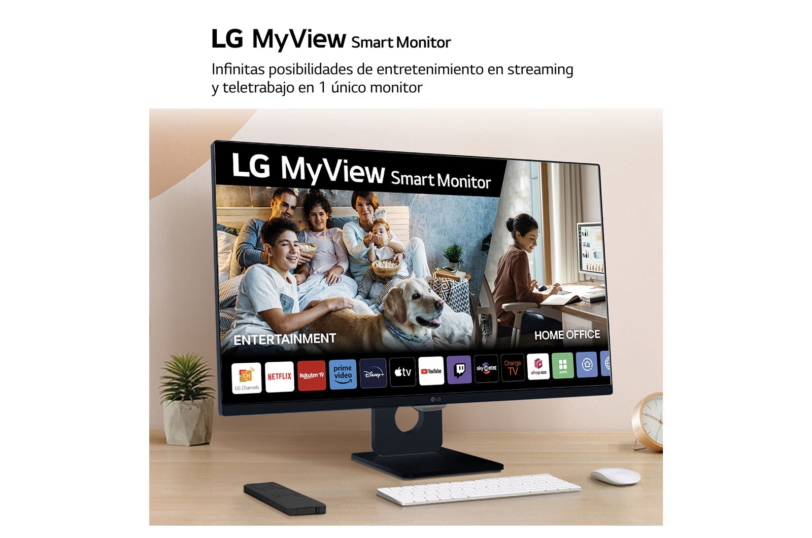 Un monitor que muestra una escena familiar con texto en español arriba.