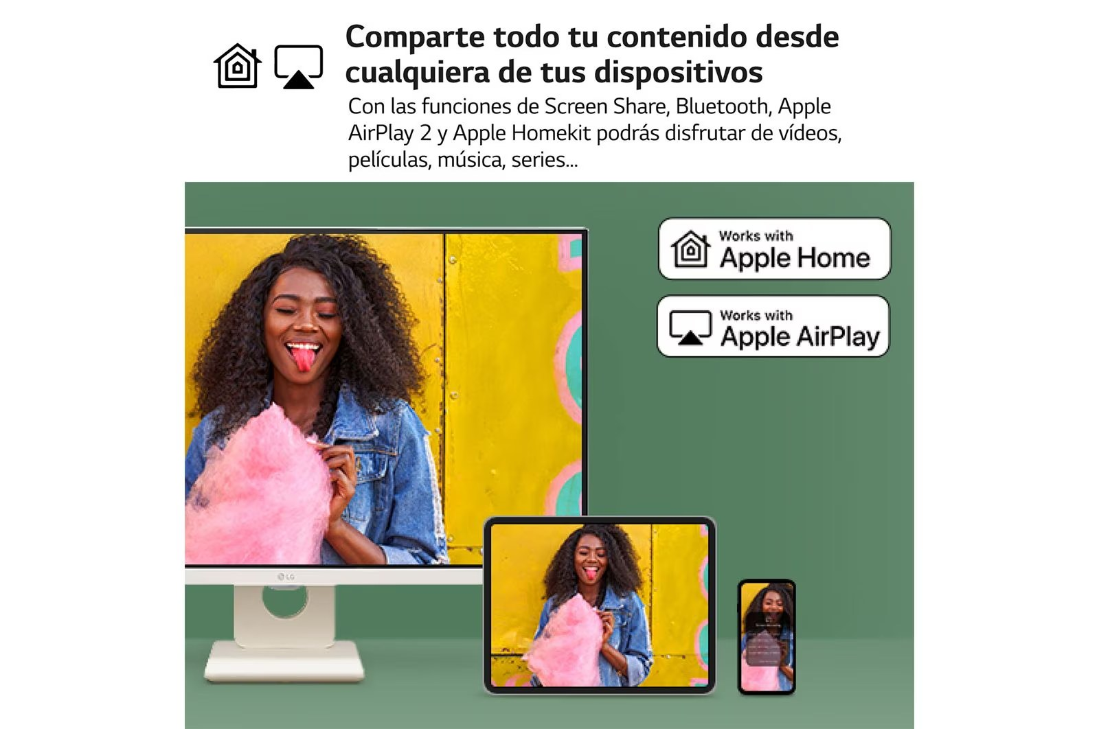 Mujer con algodón de azúcar en TV, tablet y smartphone. Fondo verde y amarillo.