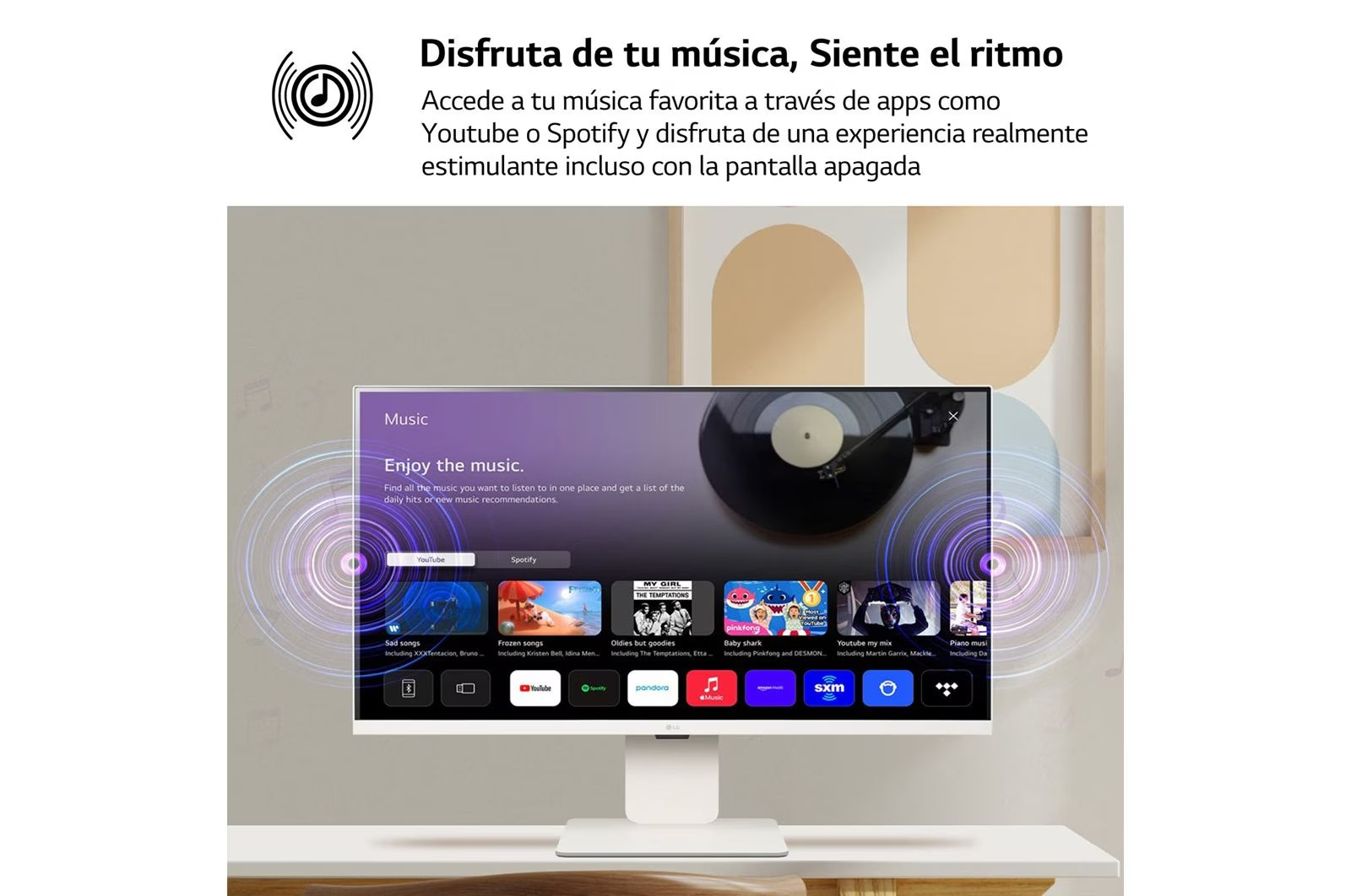 Monitor mostrando aplicaciones de música e información, con iconos de onda sonora.