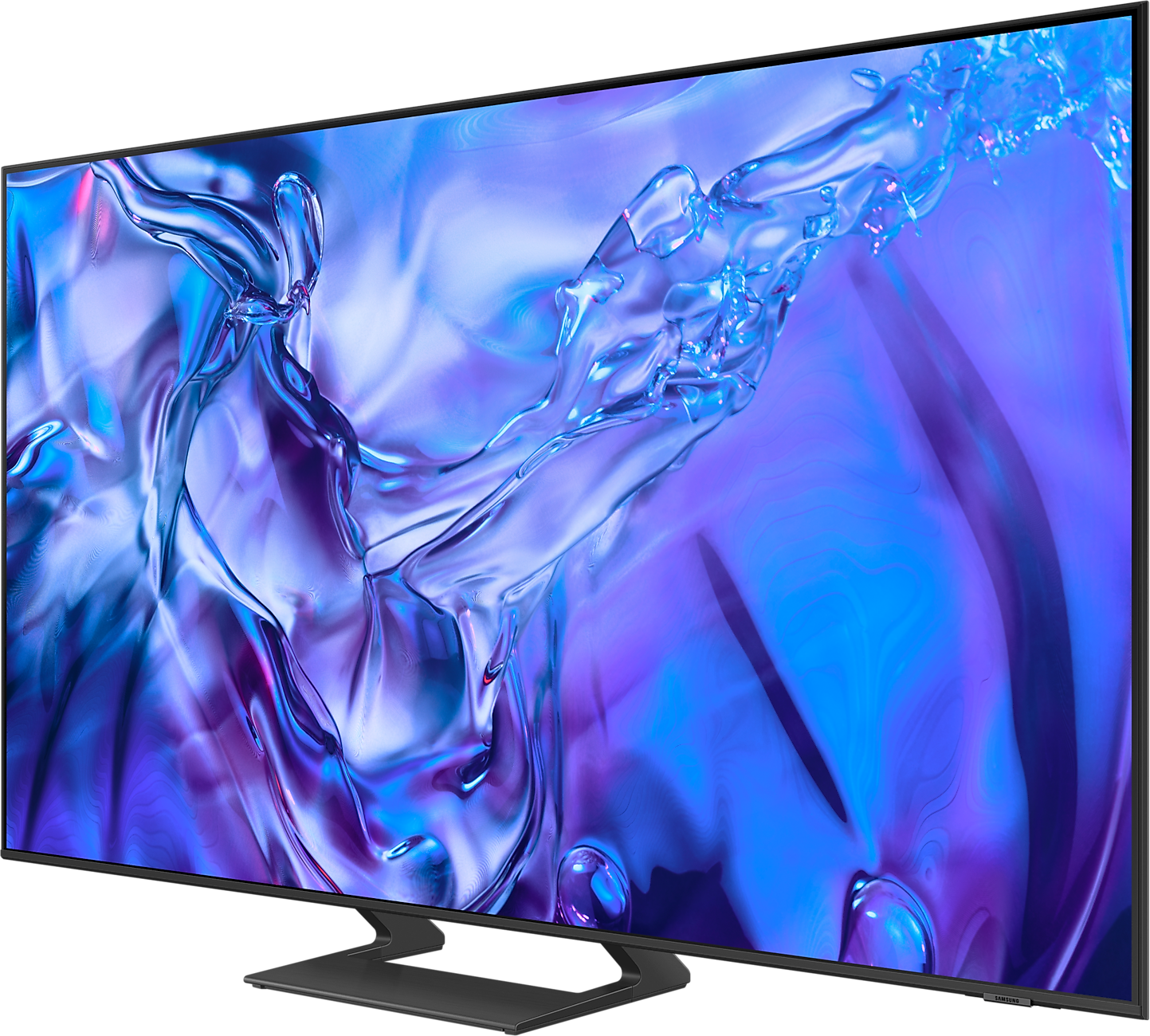 Nagy, modern TV-képernyő kék és lila árnyalatú vizet mutat, állványra szerelve.