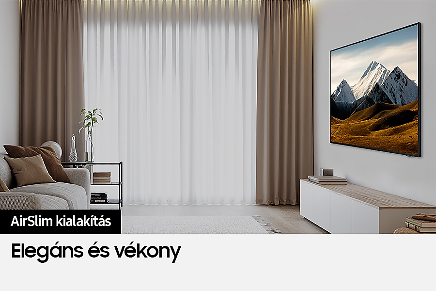 Nappali falon TV-vel, kanapéval és függönyökkel. Szöveg: Elegáns és vékony.