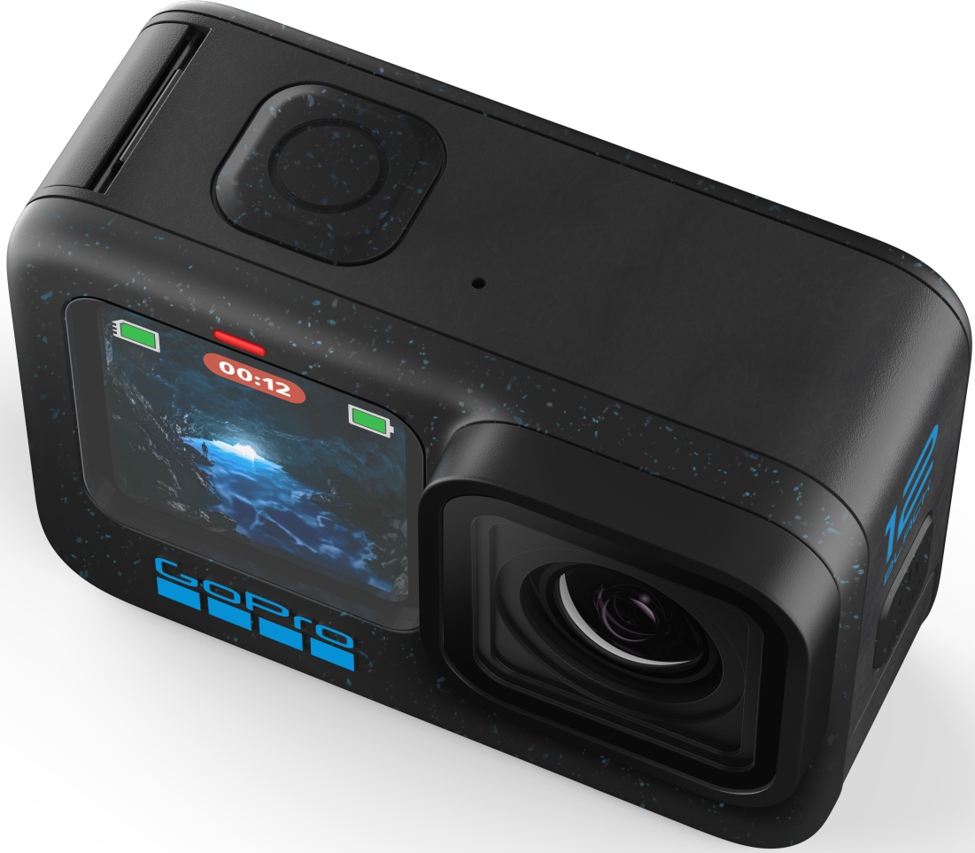 Caméra GoPro noire. Écran affichant une vidéo. Corps tacheté bleu et noir.