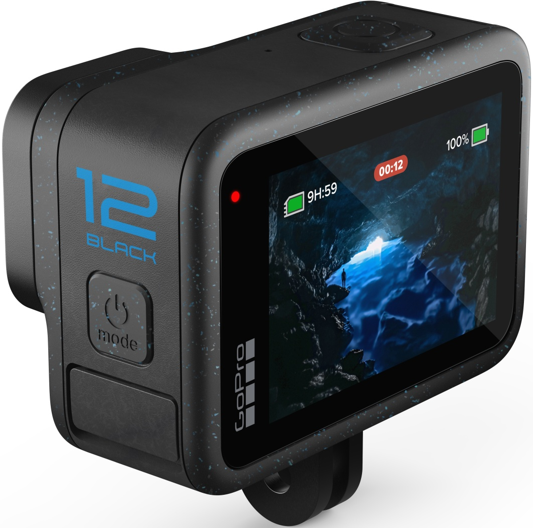 Caméra d'action GoPro 12 Black. Écran noir affiche une scène de grotte. Boutons et logo visibles.