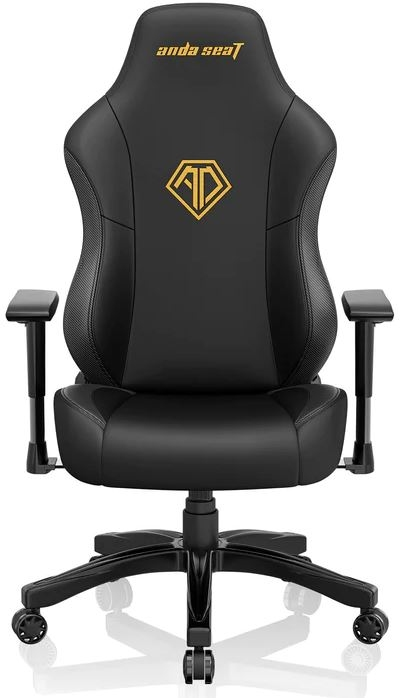 Sedia da gaming nera con logo dorato, design ergonomico e braccioli.