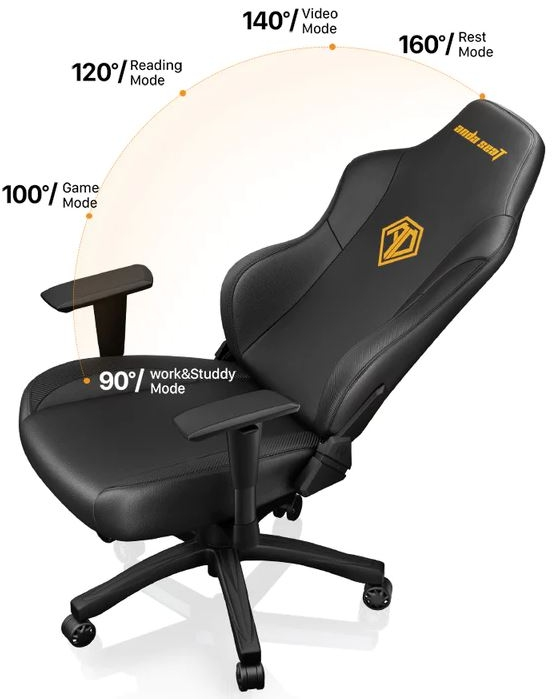 Sedia da gaming nera con modalità regolabili indicate da etichette.