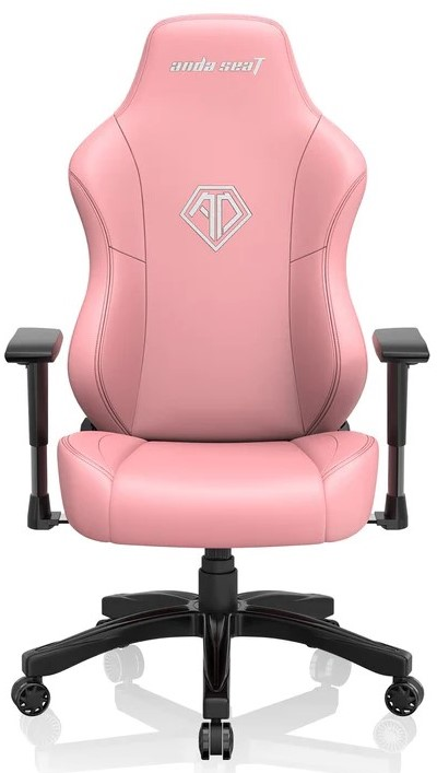 Una sedia da gaming rosa con dettagli neri e logo sullo schienale.