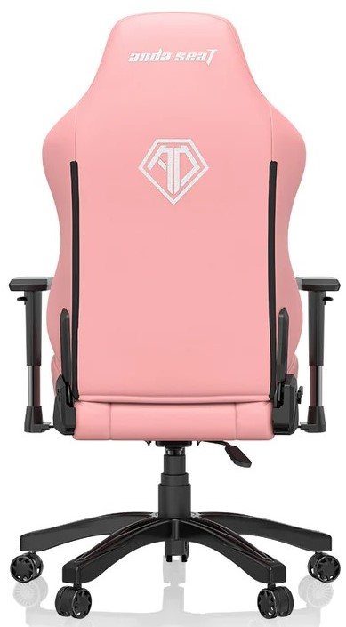 Sedia da gaming rosa vista da dietro. Con braccioli neri, ruote e un logo sullo schienale.