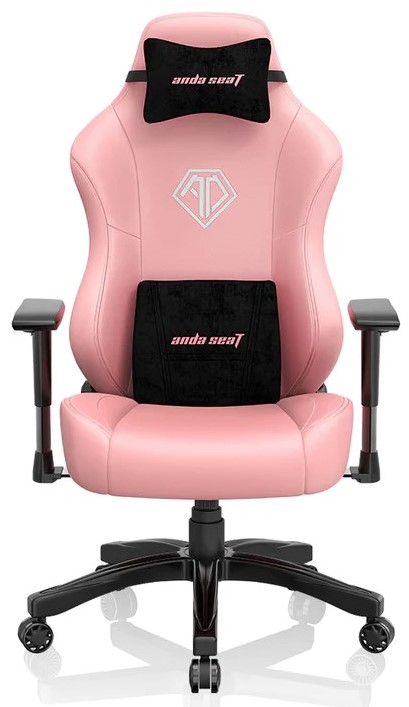 Una sedia da gaming rosa con dettagli neri, con il logo Anda Seat, su sfondo bianco.
