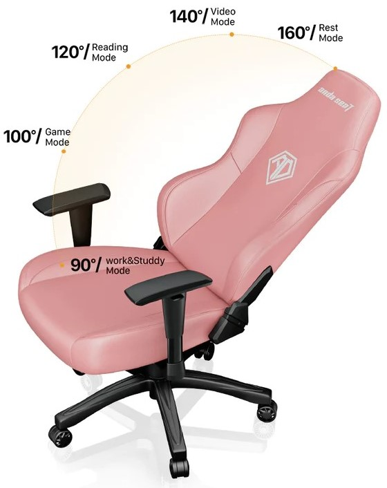 Sedia da gaming rosa con indicatori di angolo per diverse modalità.