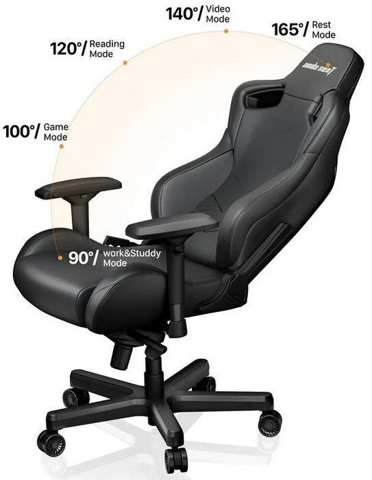Chaise gaming noire avec angles réglables pour les modes travail, jeu, vidéo, lecture et repos.